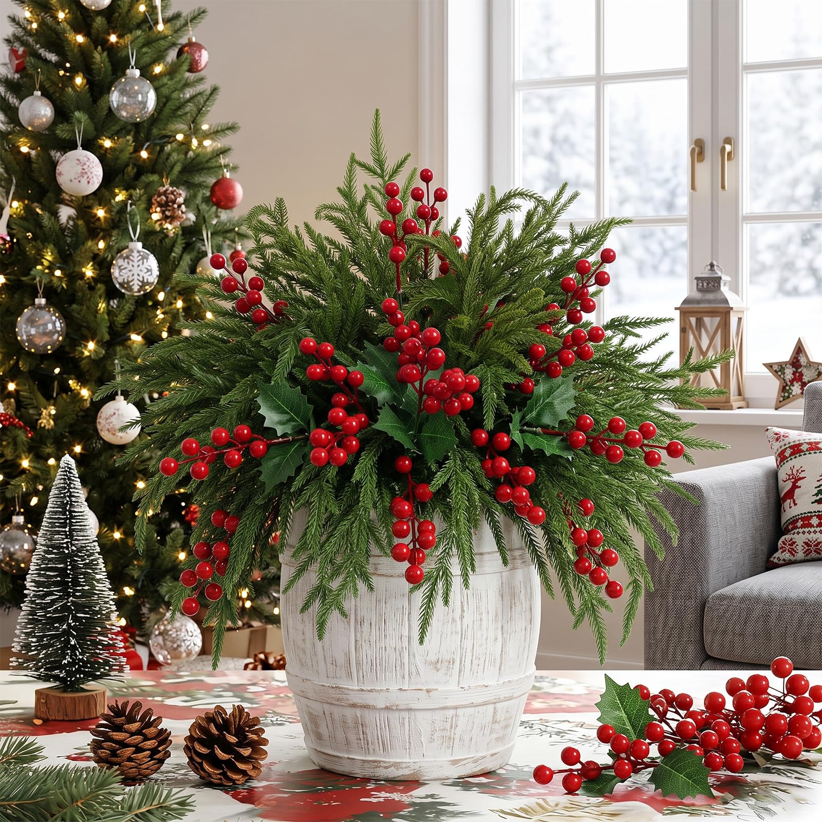 Famibay 4 Pcs Artificial Norfolk Pine Branches and 2 Pcs Red Berry Stems