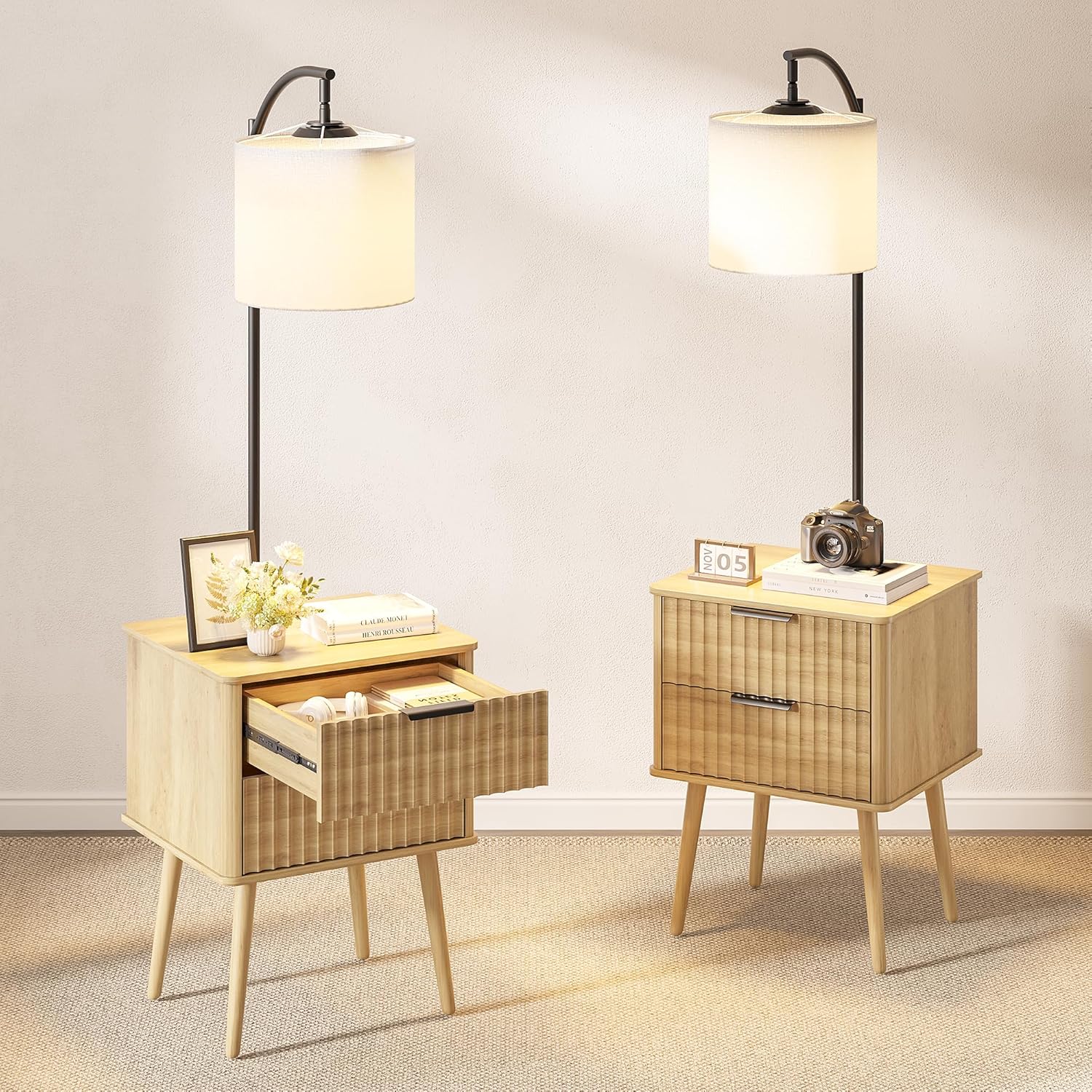 Lvifur LED Nightstand - with 3 Color Light and Tall Modern Lamp with Beige Linen Shade, Set of 2 Night Stand with 2 Drawer Bedside Table with USB&Type-C Smart End Table for Bedroom,Natural