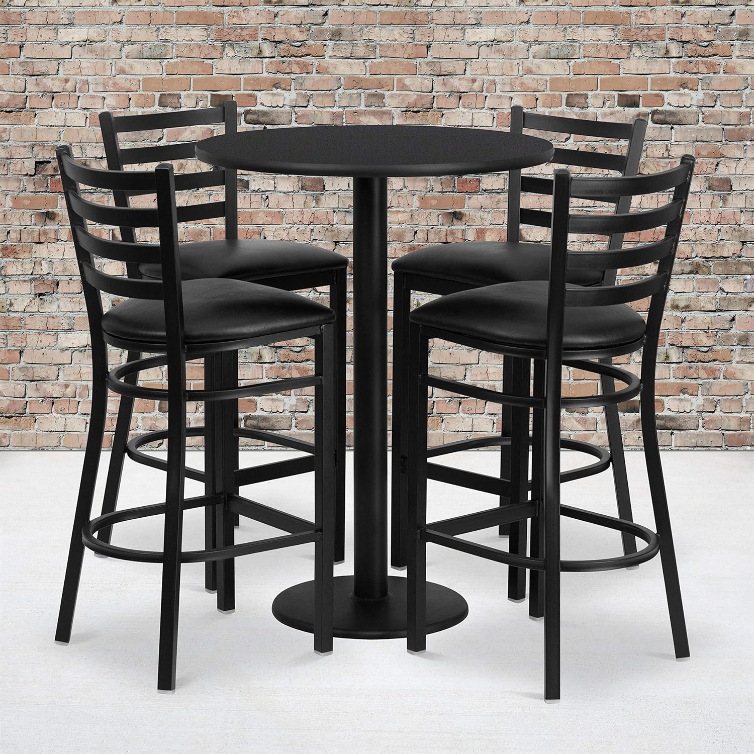 Bowery Hill 5 Piece Round Laminate Pub Table Set, Black Finish, 30'' Table with 4 Ladder Back Metal Bar Stools, Upholstered Foam Seats, Heavy Duty Commercial Grade for Bar, Restaurant or Cafeteria Use