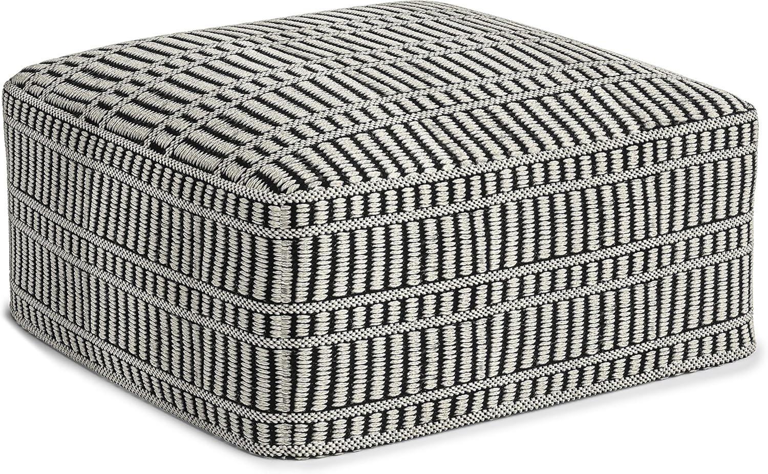 SimpliHome Safford 20-Inch Square Boho Pouf Ottoman - Black White Woven Recycled PET Polyester, Indoor/Outdoor Footrest Extra Seat