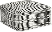 SimpliHome Safford 20-Inch Square Boho Pouf Ottoman - Black White Woven Recycled PET Polyester, Indoor/Outdoor Footrest Extra Seat