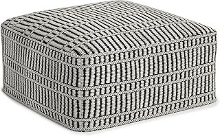 SimpliHome Safford 20-Inch Square Boho Pouf Ottoman - Black White Woven Recycled PET Polyester, Indoor/Outdoor Footrest Extra Seat