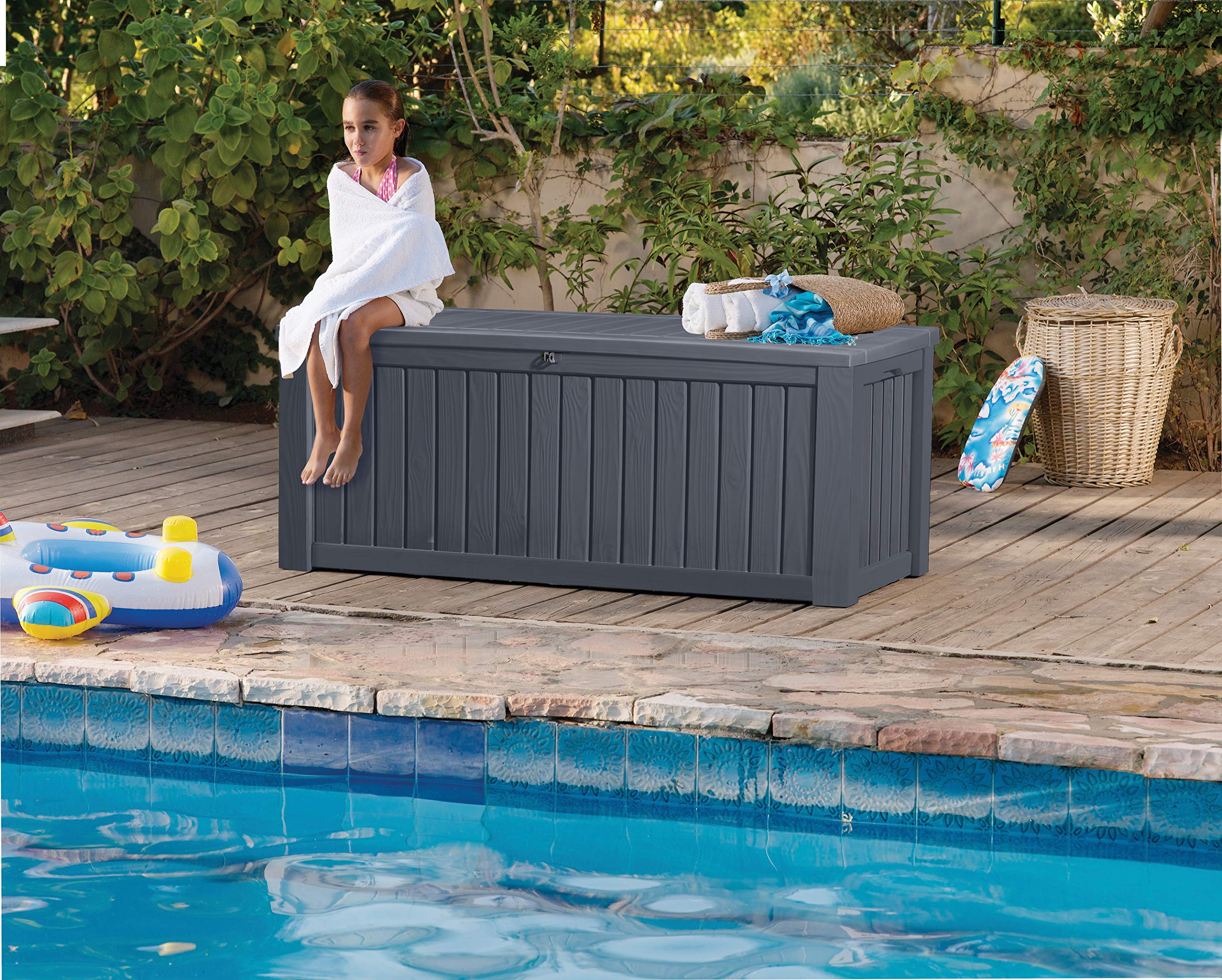Koll Living Auflagenbox/Kissenbox 570 Liter l 100% Wasserdicht l mit Belüftung dadurch kein übler Geruch/Schimmel l Moderne Holzoptik l Deckel belastbar bis 250 KG (2 Personen) (Anthrazit)
