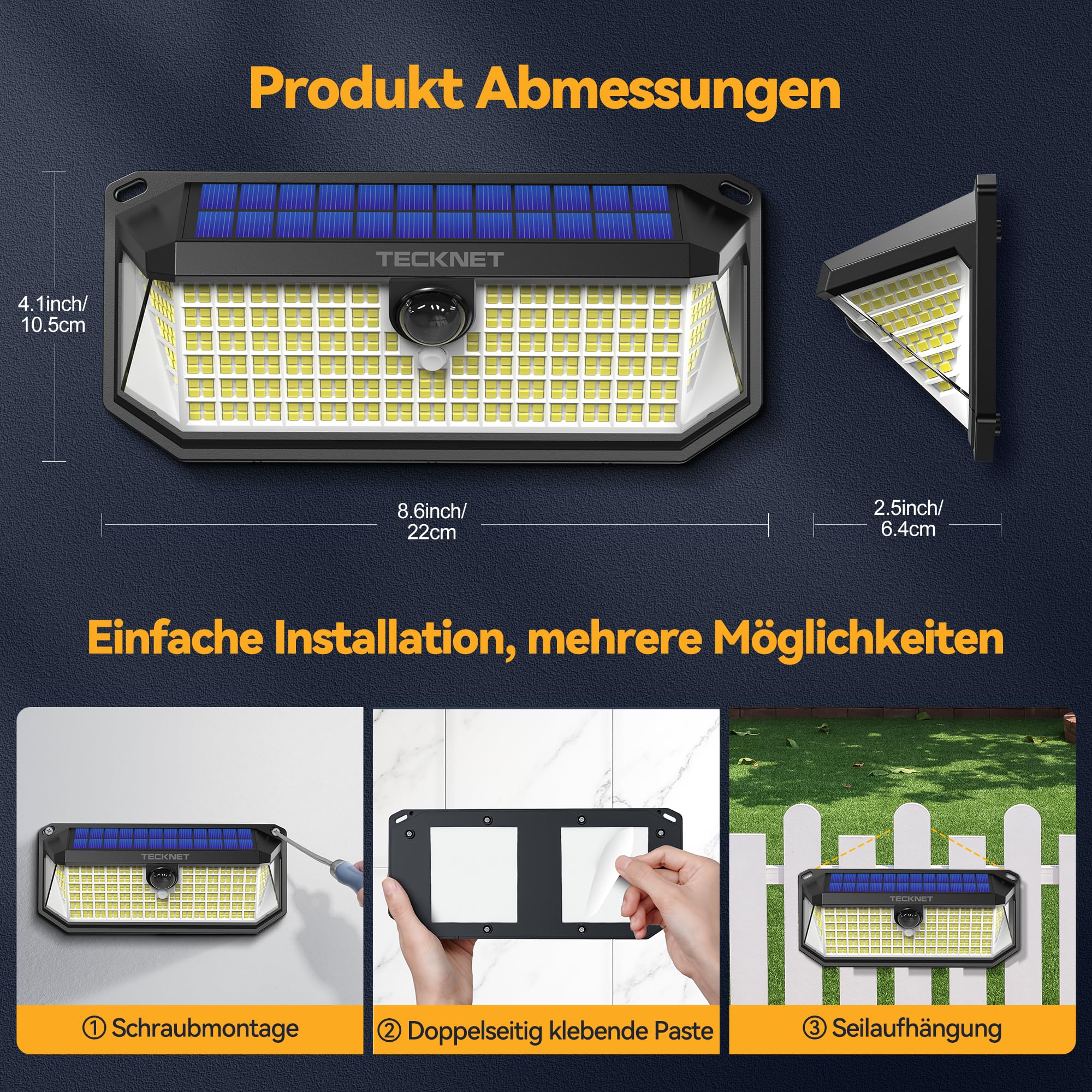 TECKNET Solarlampen für Außen mit Bewegungsmelder 416 LED, 2 Stück 300° Superhelle LED Solar Wandleuchte, IP66 wasserdichte Solarlampen Garten, Wand, und Outdoor Beleuchtung