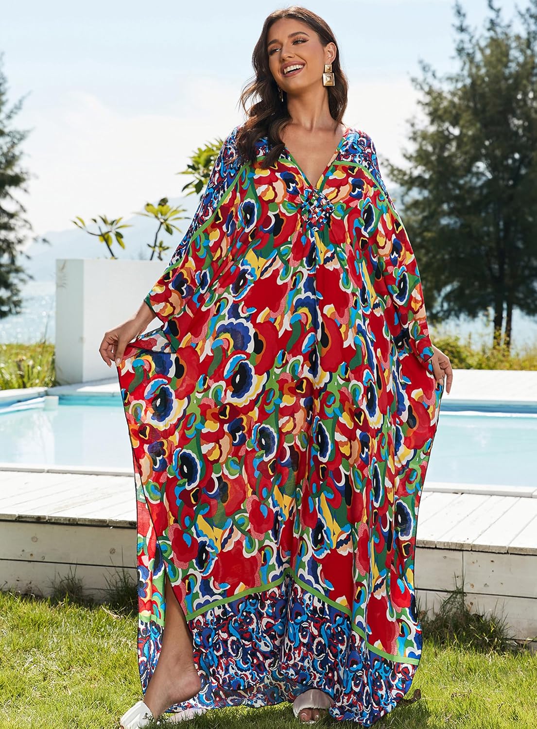 Women Kaftan Dresses Plus Size V-Neck Batwing Sleeves Beach Cover Up 2025 Summer Floral Print Caftan Dress - Image 4