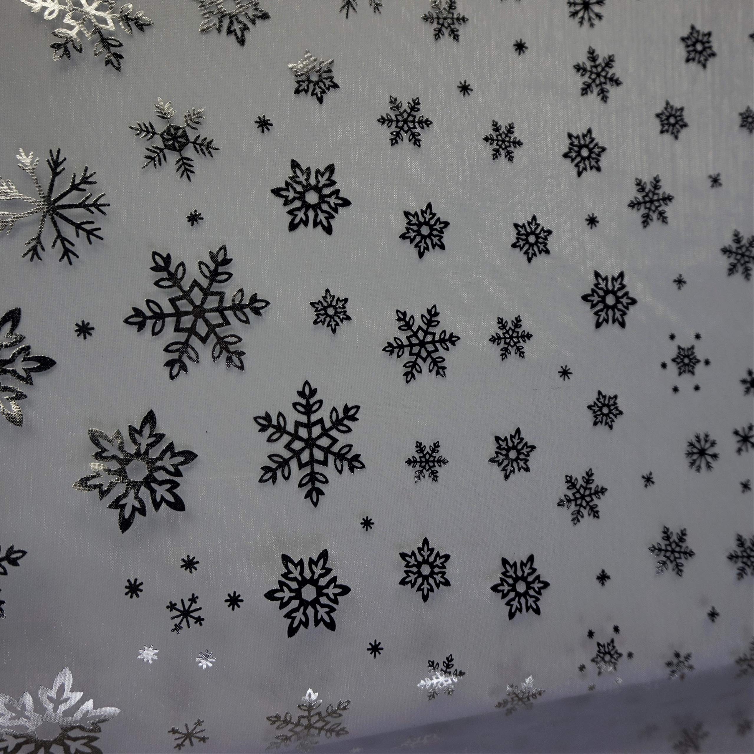 Plain White Organza Fabric with Silver Foil Snowflakes (Per Metre)