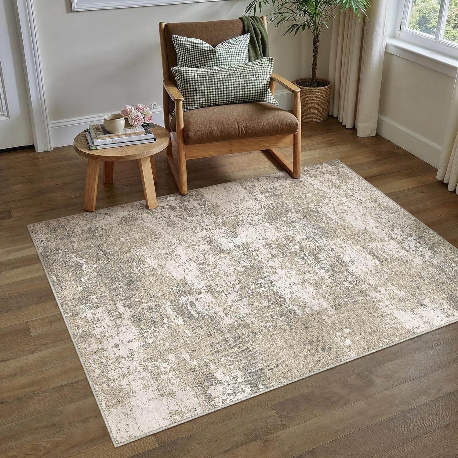 PureCozy Beige Area Rug 3x5 Machine Washable Modern Abstract Office Carpet Neutral Non Slip Indoor Entry Low Pile Soft Non Shedding Small Mat Bedroom Throw Rug for Kitchen Laundry Dining Room