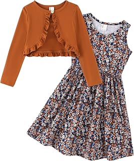 PATPAT Toddler Girl Dress 2 Piece Girl Sleeveless Dress and Cotton Cardigan Set with Pockets, 18M-12Y