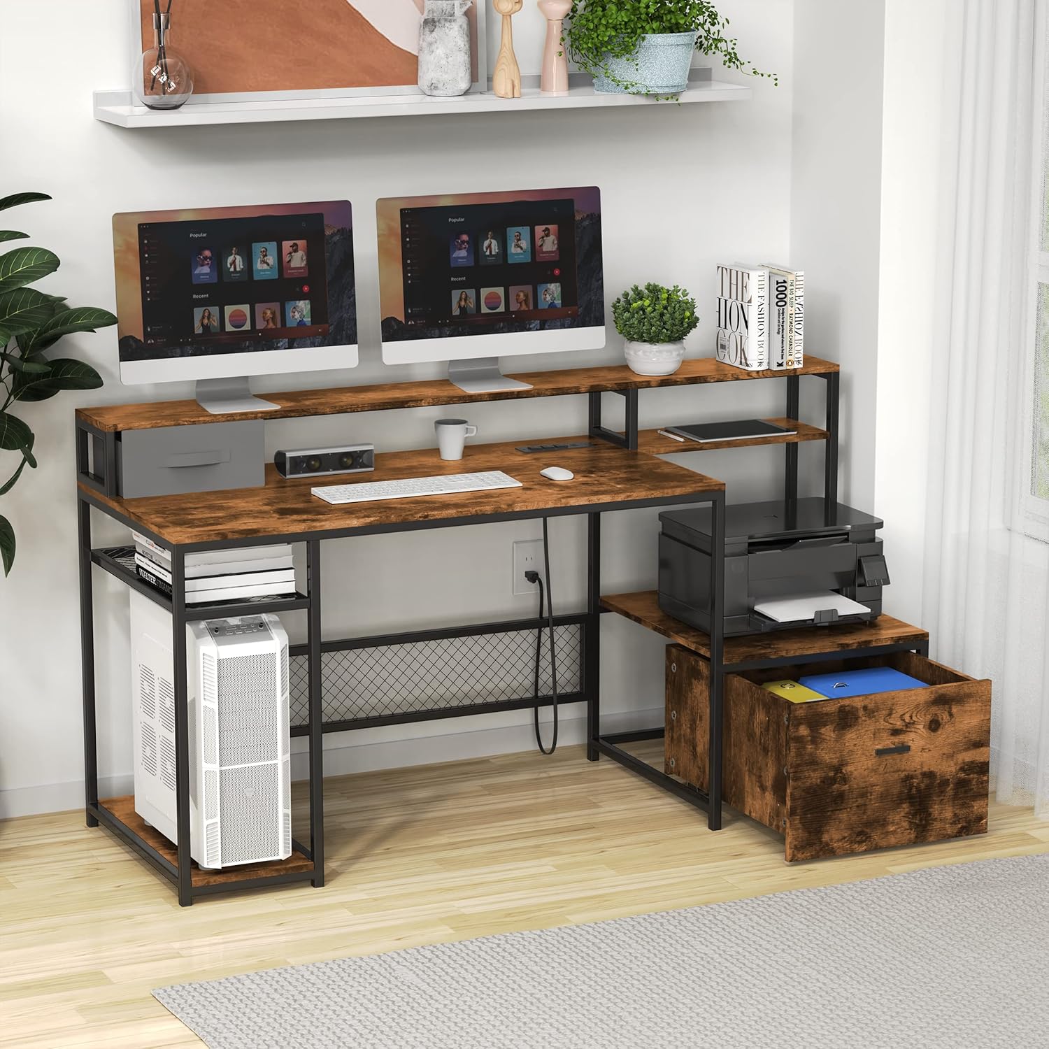 AYEASY Desk with Recessed Power Strip and Scrollable Drawer