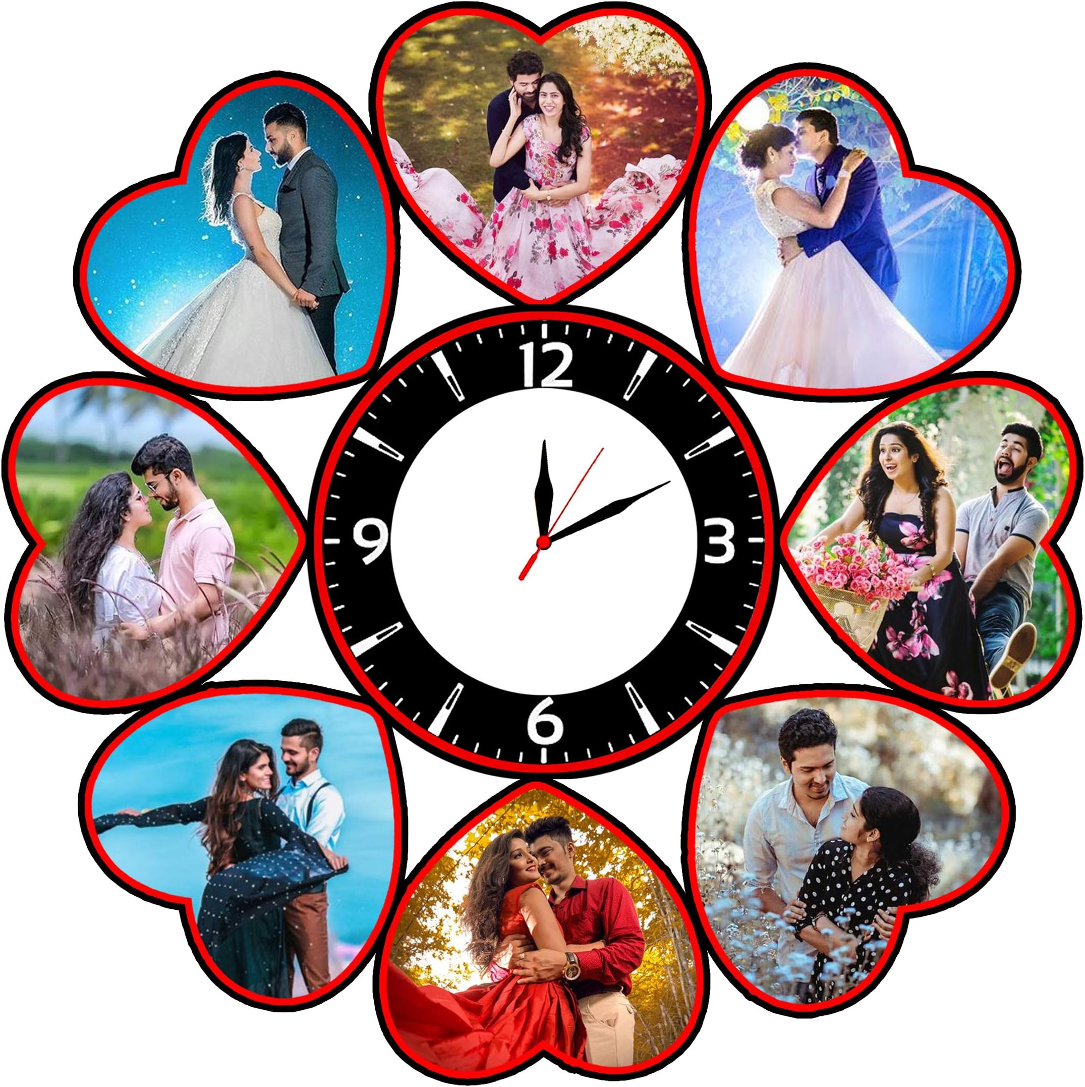 Shri Kanth Art® Customized Unique Heart Shape Wooden Wall Clock Photo Frame - Personalised Picture Frame for Couple - Wall Hanging Multiple Memories Collage Photo Frame for Couple (12" x 12", Multi)