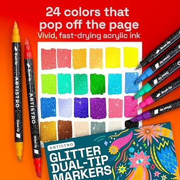 ARTISTRO 24 Sparkly Glitter Dual-Tip Paint Pens Dazzling Markers with Acrylic Ink for Rock, Ceramic, Wood, Fabric, More Brush + Chisel Tips