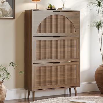 BORNOON Shoe Cabinet for Entryway with 3 Flip Drawers, Slim Wooden Shoe Storage Organizer with Modern Fluted Pannel,Freestanding Narrow Hidden Shoe Rack for Hallway, Foyer, Living Room