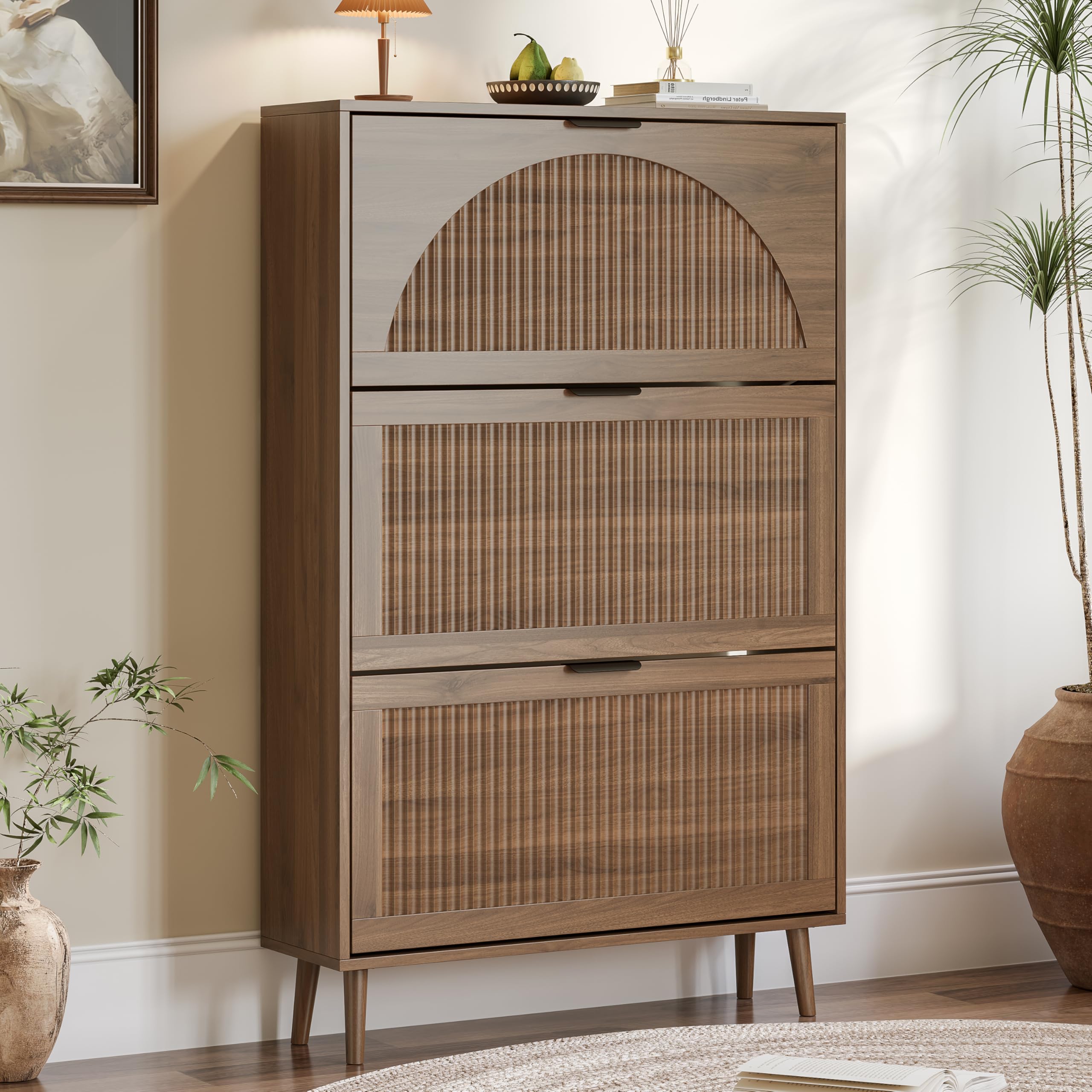 bornoon shoe cabinet for entryway with 3 flip drawers, slim wooden shoe storage organizer with modern fluted pannel?freestanding narrow hidden shoe rack for hallway, foyer, living room