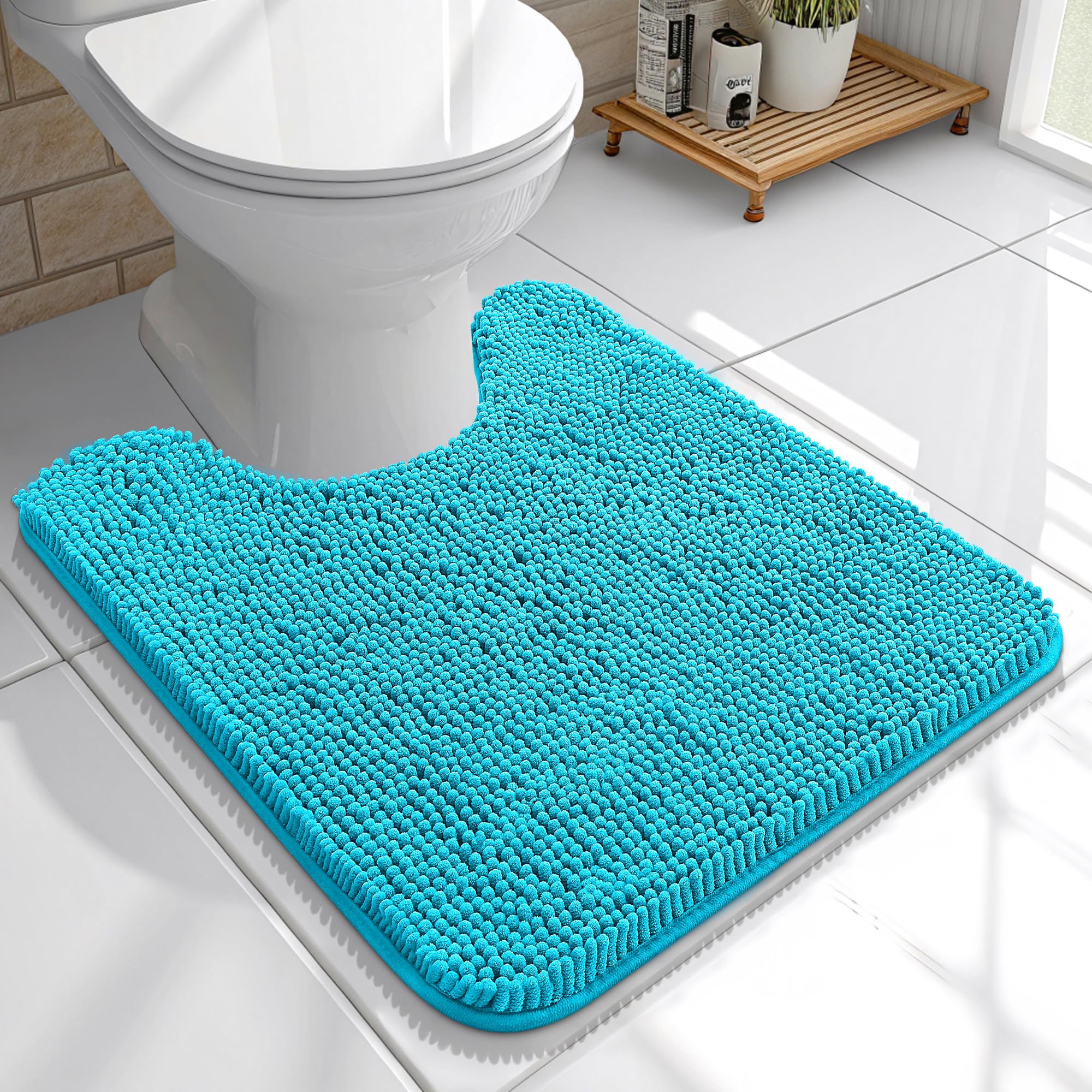 OLANLY Toilet Rugs U-Shaped 20x20, Soft Absorbent Chenille Contour Rugs | Aqua Sky, Quick-Drying Rubber Backing, Machine Washable Non-Slip Shaggy Bathroom Mat for Toilet, Home Decor Accessories