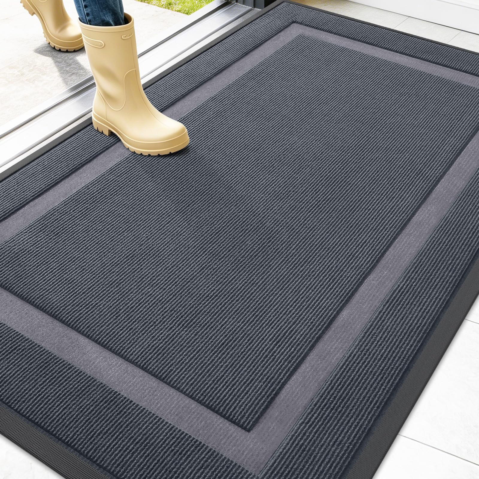 OLANLY Front Door Mat Outside 47x32, All-Season Heavy-Duty Rubber Doormat | Light Grey, Absorbent, Stain Fade Resistant, Waterproof Non-Slip Backing, Low-Profile Indoor Outdoor Floor Mat for Entryway