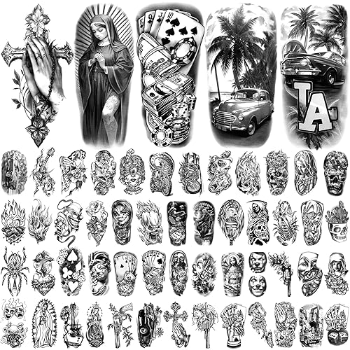 Miniatura 2 de 77 hojas de tatuajes temporales chicanos grandes, tatuajes falsos de gángster de Guadalupe Chicana, Día de los Muertos, estilo Lowrider Cultura