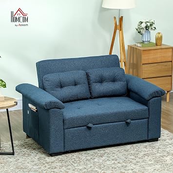 HOMCOM Pull Out Sofa Bed Fabric 2 Seater Click Clack Sofa Bed Settee Blue