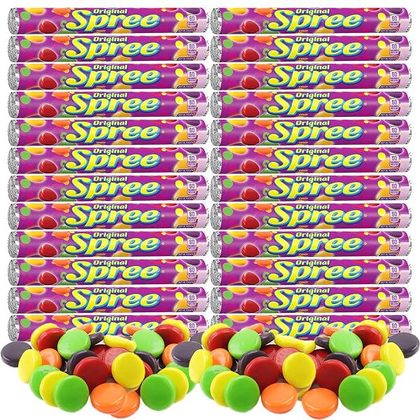 Original Spree Candy, 24 Pack, 1.77 oz Rolls, Sweet and Tart Hard Candy in Assorted Fruit Flavors, Cherry, Grape, Lemon,