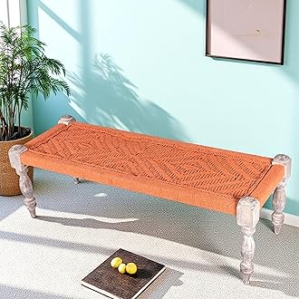 Ikiriya Hamilton Sheesham Wood 2 Seater Maachi Bench Wooden Patio Bench for Living Room Home and Garden- Orange Rope Canning (Rustic Grey Matte Finish) - 17 x 48 x 16 Inch