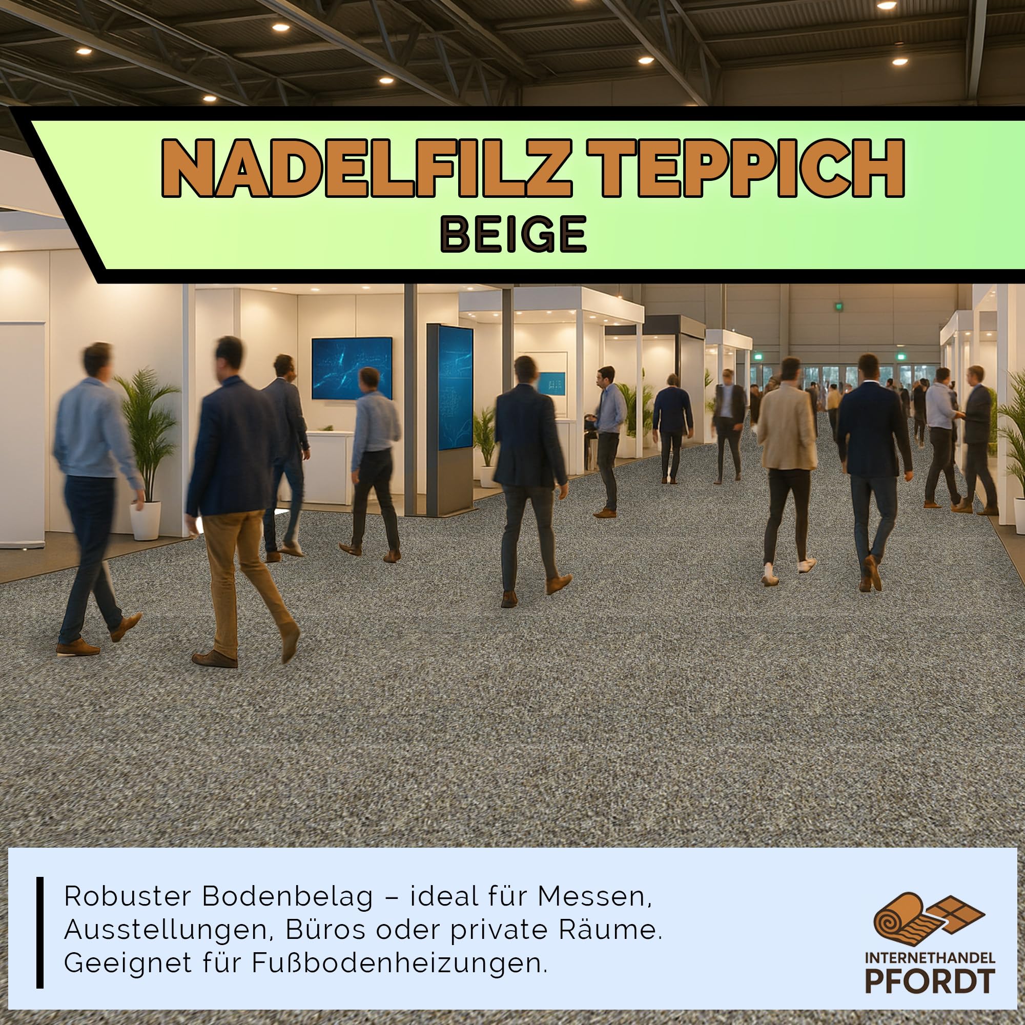 Nadelfilz Teppichboden Beige, 300x200 cm, robuster Nadelvlies Bodenbelag, stuhlrollengeeignet, Meterware für Gewerbe, Büro und Treppe