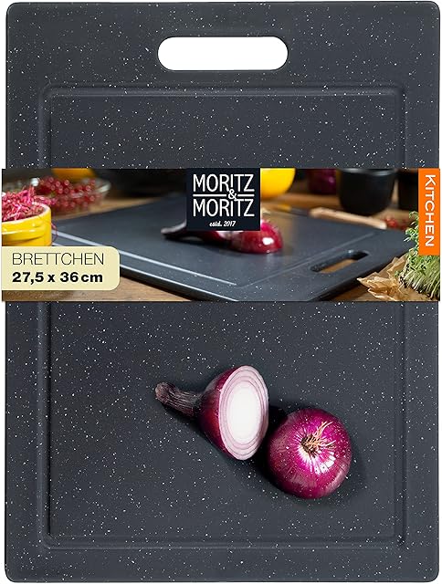 Moritz & Moritz Deska do krojenia z tworzywa sztucznego  36 x 27,5 cm  deska do krojenia bez BPA  deska kuchenna o wyglądzie granitu  deska do krojenia z antypoślizgowymi nóżkami, otwór wpuszczany  deska do krojenia z na sok