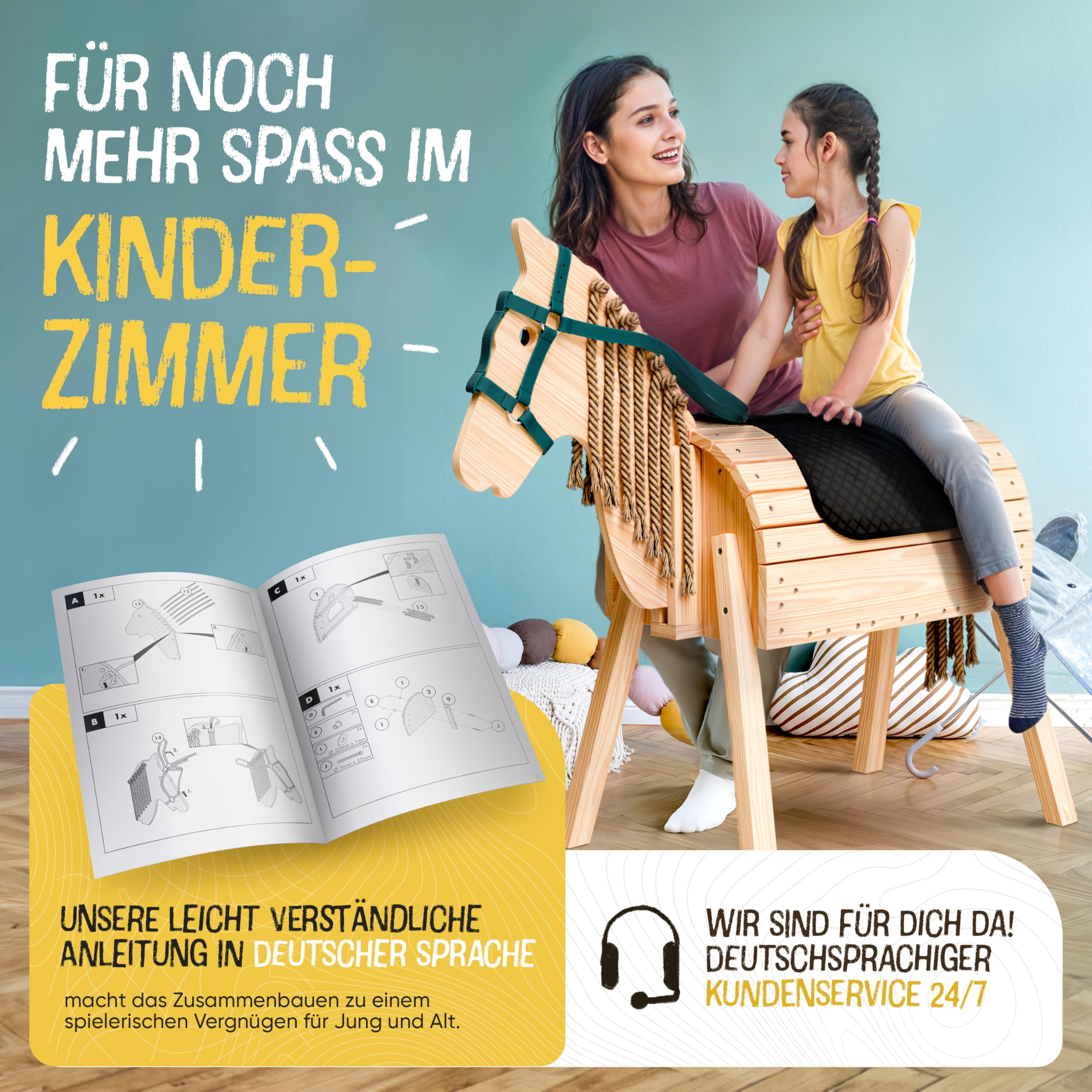 FRIEDO Holzpferd mit Sattel (Sitzkissen) & Pferdegeschirr, Höhenverstellbar | Kleines Spielpferd aus unbehandeltem Holz mit beweglichem Kopf, Holzpferd für draußen im Garten geeignet (101-106cm), Outdoor