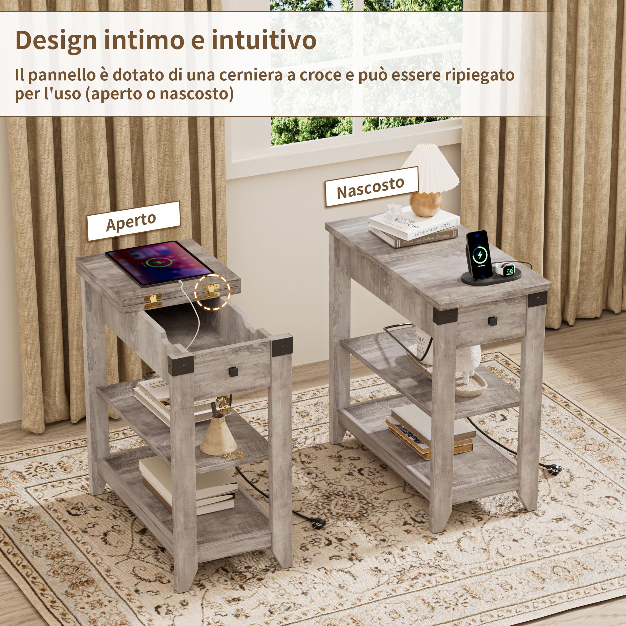BonVache Set di 2 comodini, tavolino piccolo con funzione di ricarica, tavolino sottile con ripiano, cassetti, comodino per soggiorno, camera da letto, grigio