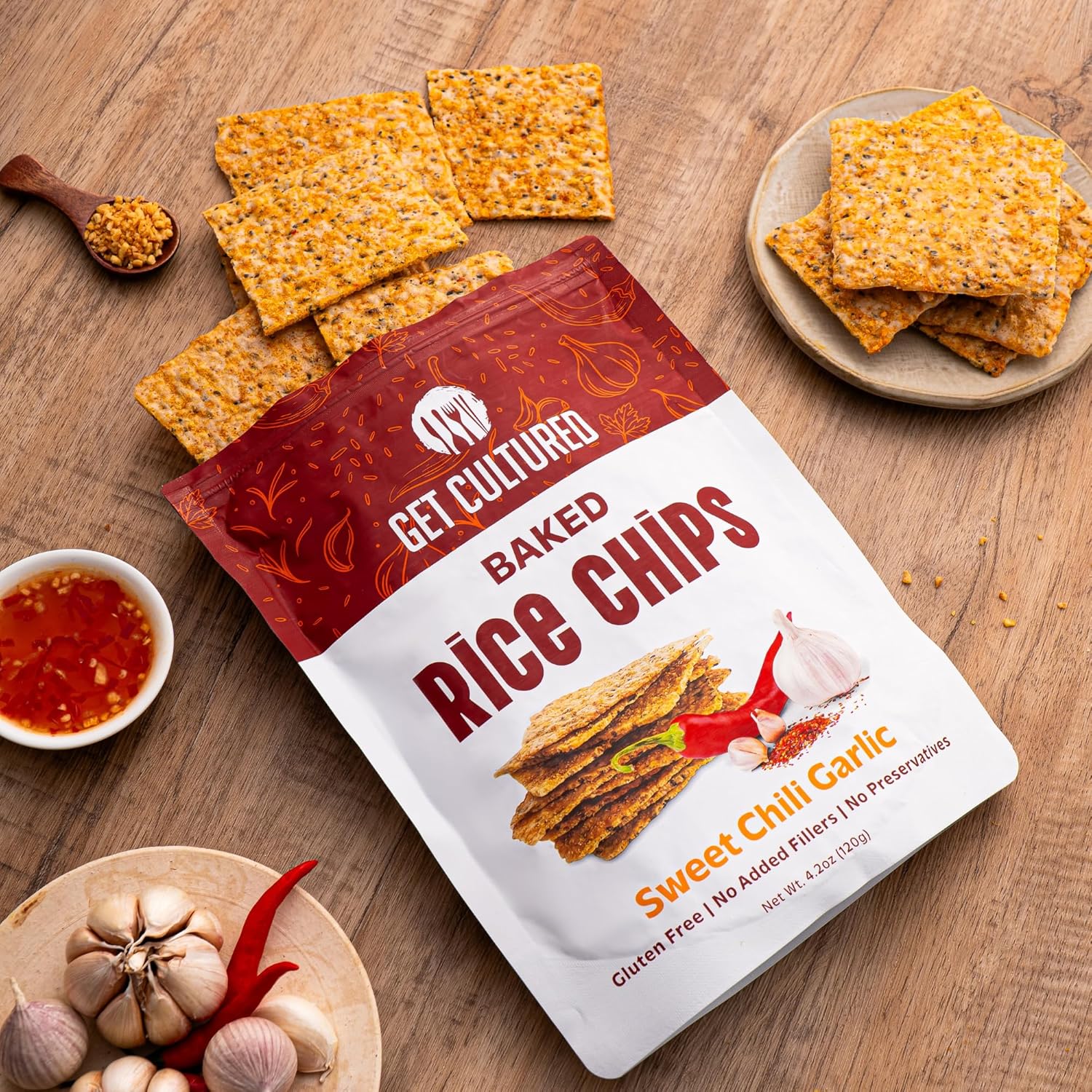 Get Cultured Sweet Chili Garlic Baked Rice Chips, Crispy and Crunchy Rice Chip Snack – Gluten & Dairy Free, No Preservatives – Healthy Snack Pack for Adults and Kids | 4.2 Oz Resealable Bag (4Pack)