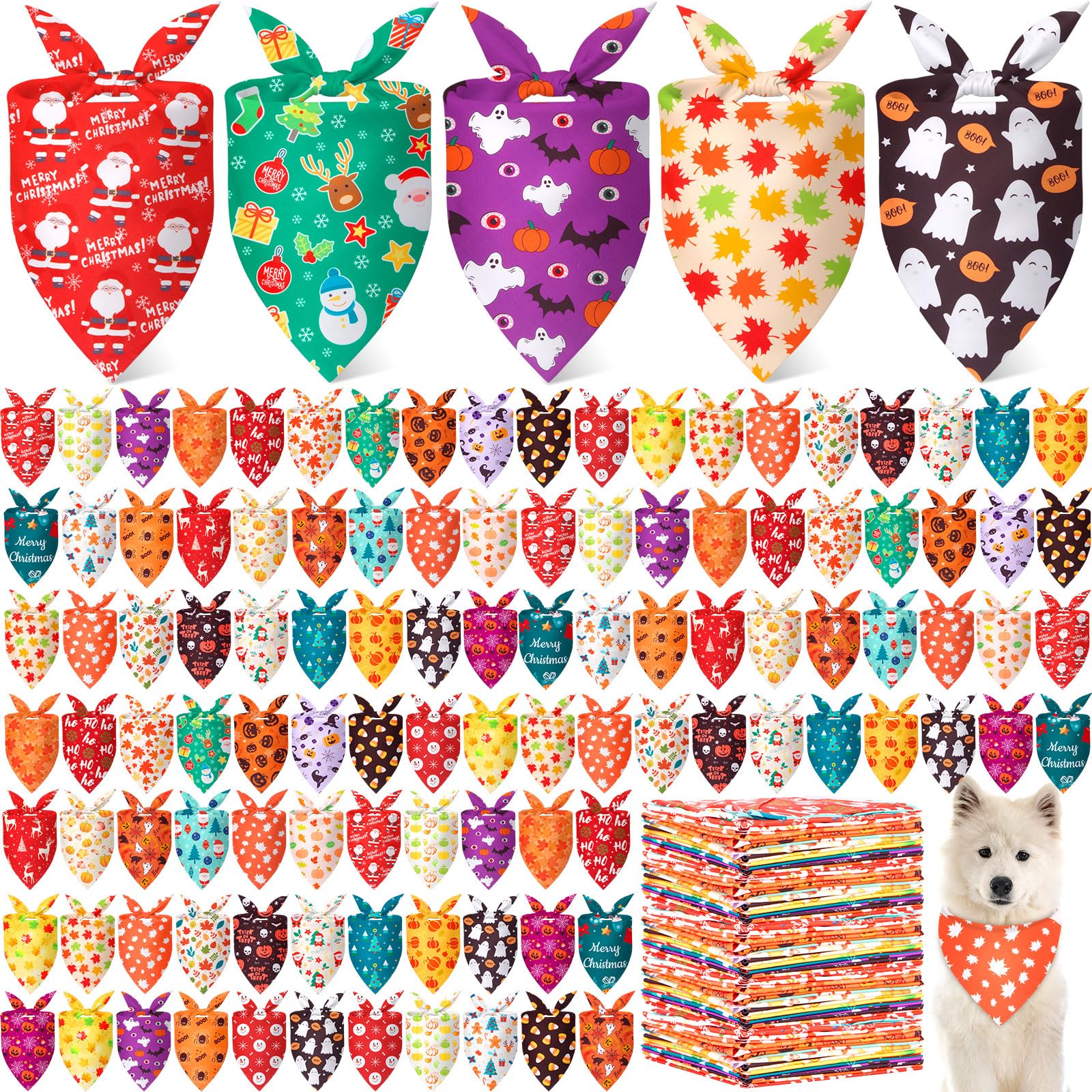 Chunful Lot de 120 bandanas pour chien pour l'automne, Thanksgiving, Halloween, Noël avec motif feuille d'érable, citrouille, fantôme, bonhomme de neige, triangle réglable pour animal domestique pour