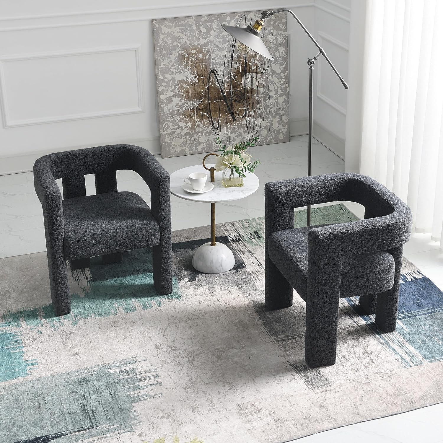 KINWELL 24" W Boucle Upholstered Armchairs Set of 2, Open-Back Accent Chairs, No Assembly Modern Side Chairs End Chairs for Bedroom, Living Room, Dark Charcoal