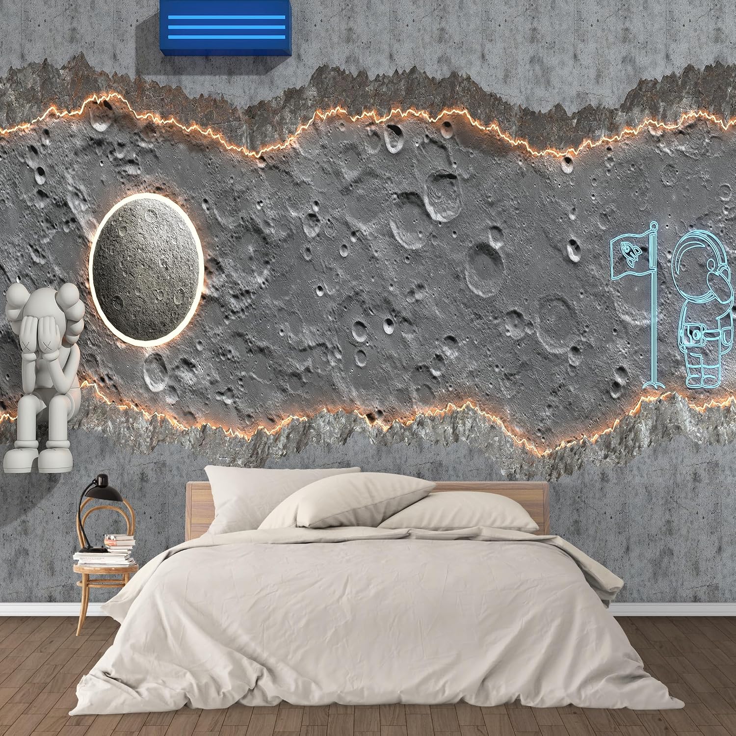 Industrial Moon Surface Peel and Stick Wall Mural, Concrete Texture Astronaut Self-Adhesive Wallpaper, Removable Space Accent Decor for Home & Office (Color-17, 157" L x 110" W)