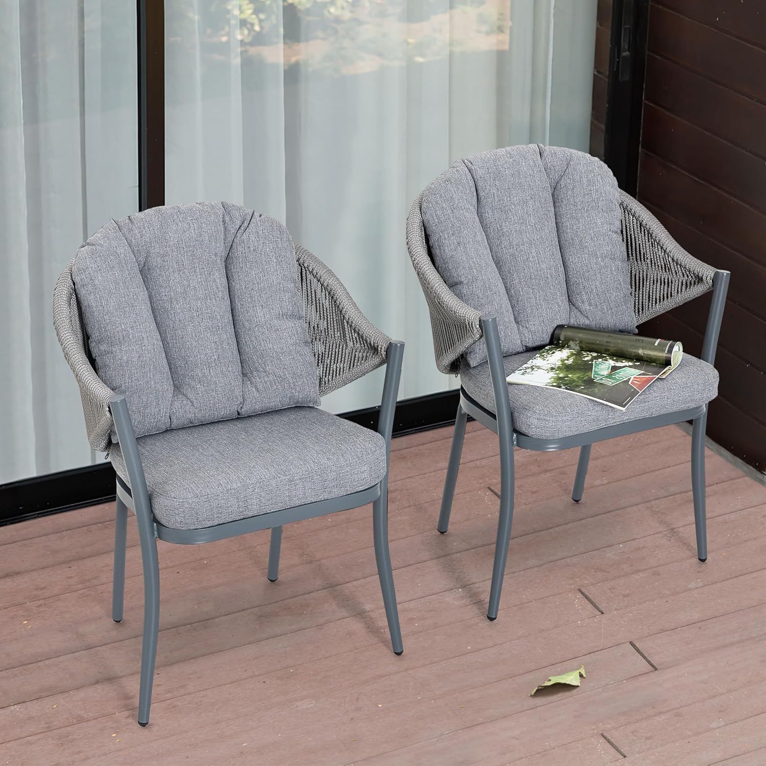 NUU GARDEN Outdoor Patio Chair Set of 4 Woven Rope Conversation Chairs, with Tufted Pillows, Seat Cushions, Powder-Coated Aluminum Frame, Weather-Resistant Fabric, Gray