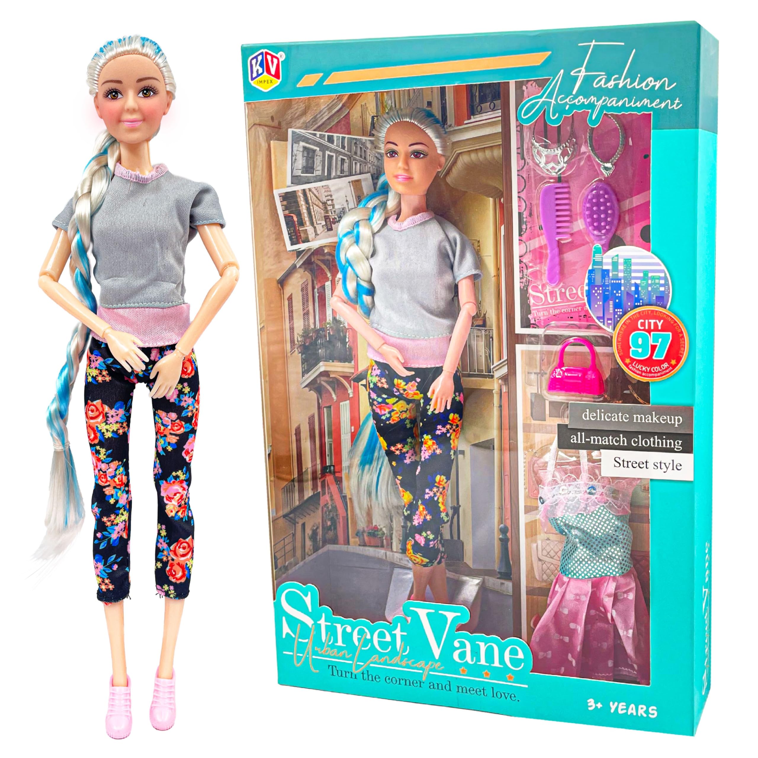 K. V. TOYS Alia Fashion Doll Set (Street Vane) | Changeable Colorful Outfit, Long Hair with Fashion Accessories | Moveable Body Parts | Creative Role Play Suitable for 3+ Years