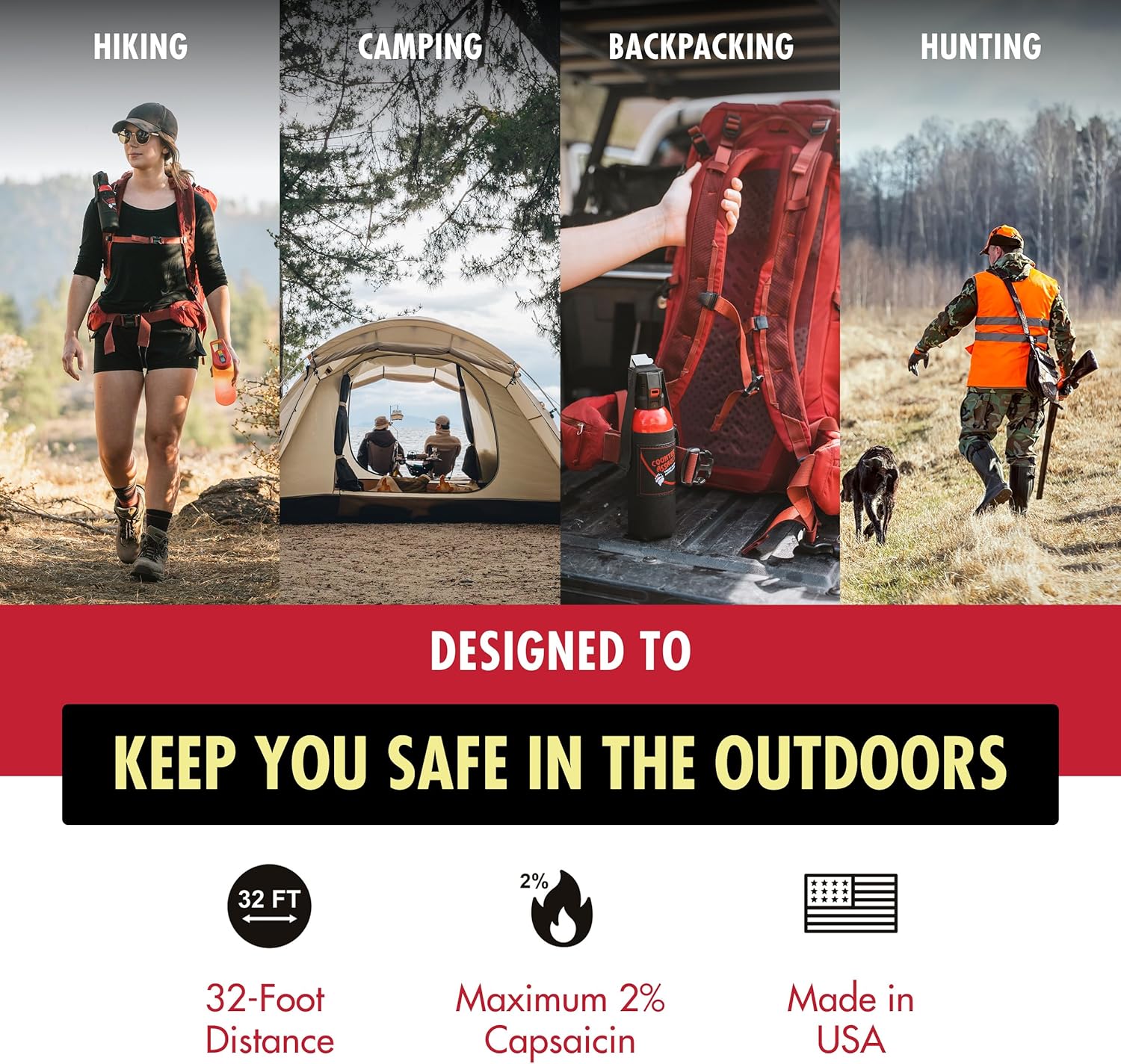 Counter Assault Bear Spray - Bears, Mountain Lions, Coyotes - Long-Range 32ft Distance - Pepper Spray Safety Gear for Hiking & Camping Protection - 2% Capsaicin - 8.1 oz
