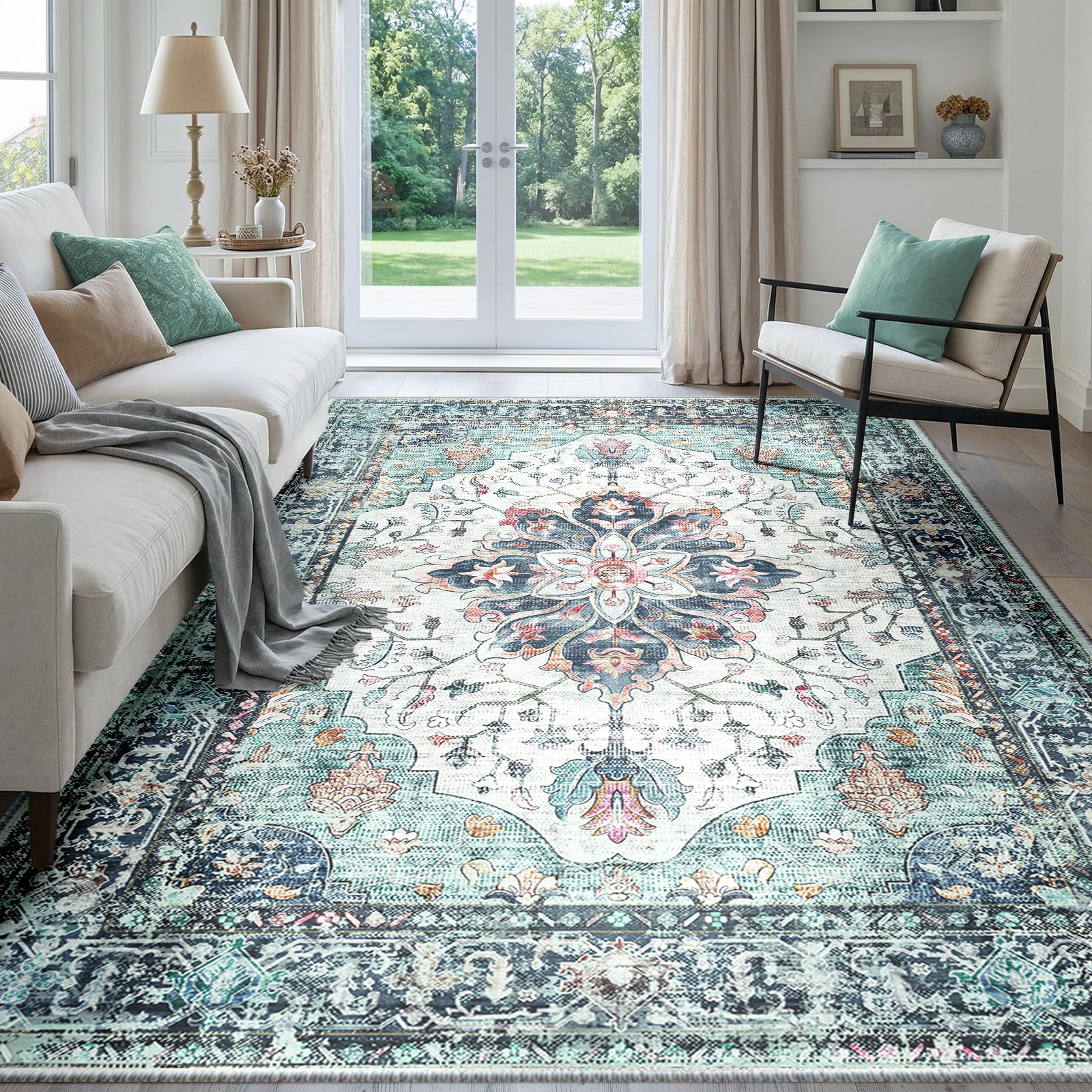 INOVADAY Tapis de Salon Lavable en Machine 150x210 cm Vintage à Faible Poil Antidérapant avec Motif Imprimé Tapis Chambre pour la Chambre à Coucher, Le Bureau à Domicile, Bleu/Vert/Marine/Rouge