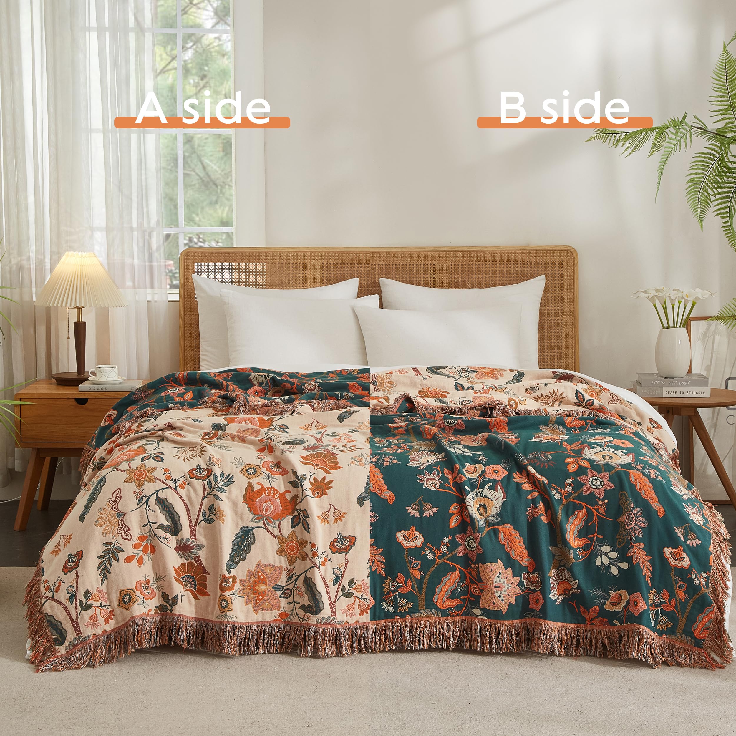 SE SOFTEXLY Boho Decke 100% Baumwolle – Doppelseitige Musselin Tagesdecke 150x200cm, Kuschelige Sofadecke & Bettüberwurf, Aesthetic Design, Ideal für Wohnzimmer & Schlafzimmer, Orange/Grün