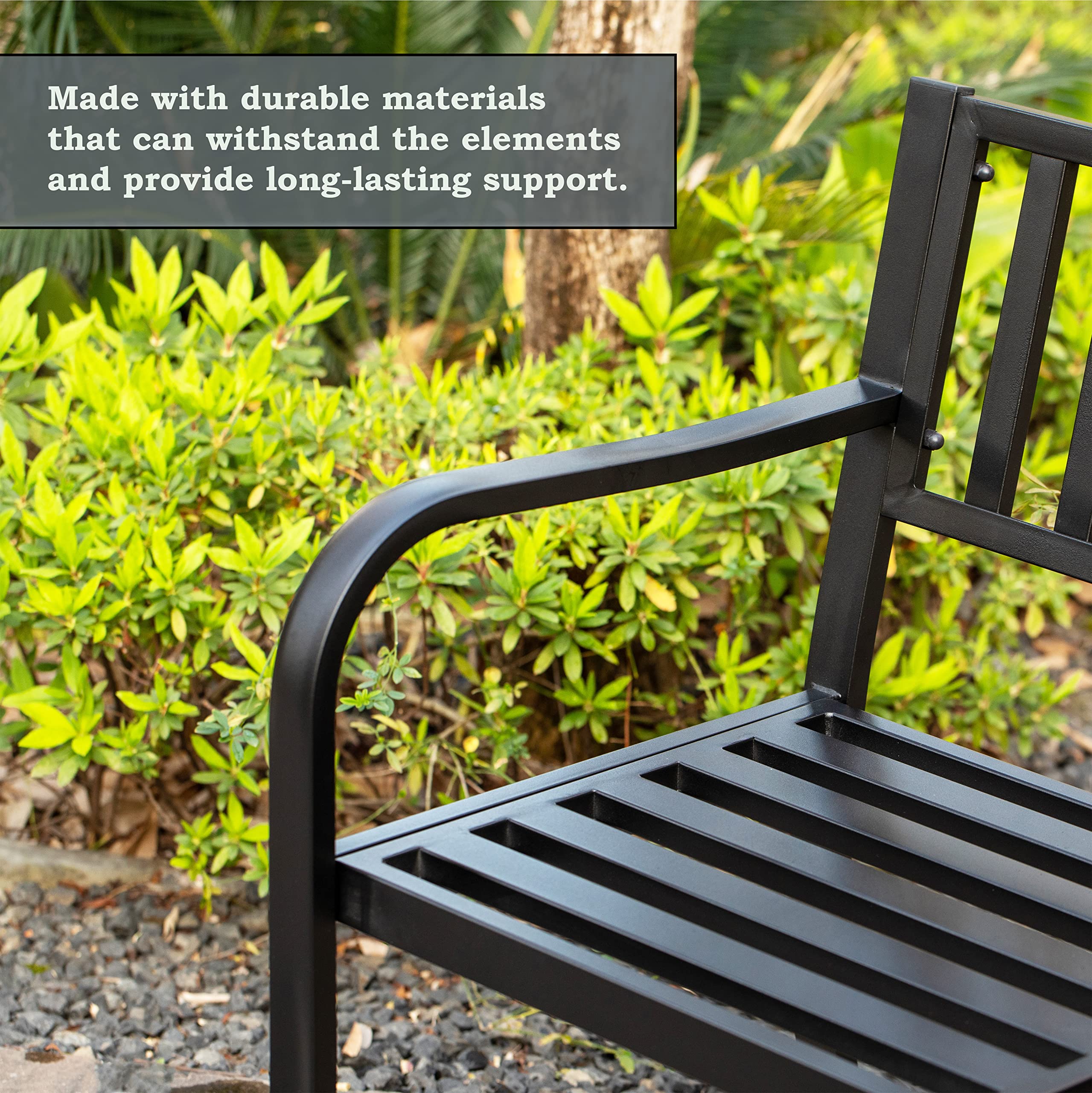 QI003461L Banco de parque de acero con recubrimiento en polvo para exteriores, banco de jardín con mesa central emergente, banco de asiento para decoración de césped para patio, jardín, 7