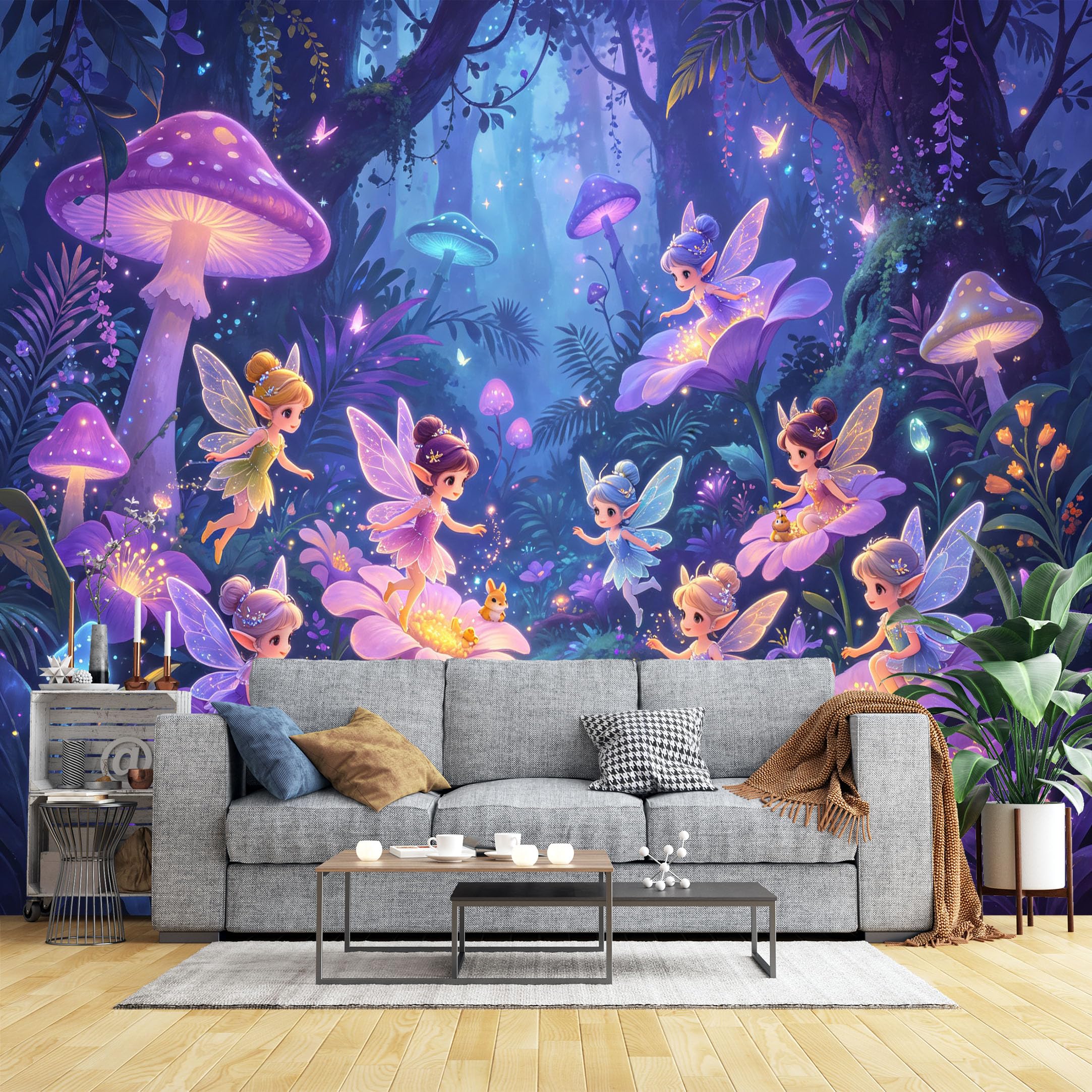Lcythiazole Ch260604105 Custom Size Wall Murals Glowing Mushroom Elf Forest Wall Murals Cartoon Fairy Wallpaper Realistic Self-Adhesive Removable Wallpaper For Kids Room Bedroom