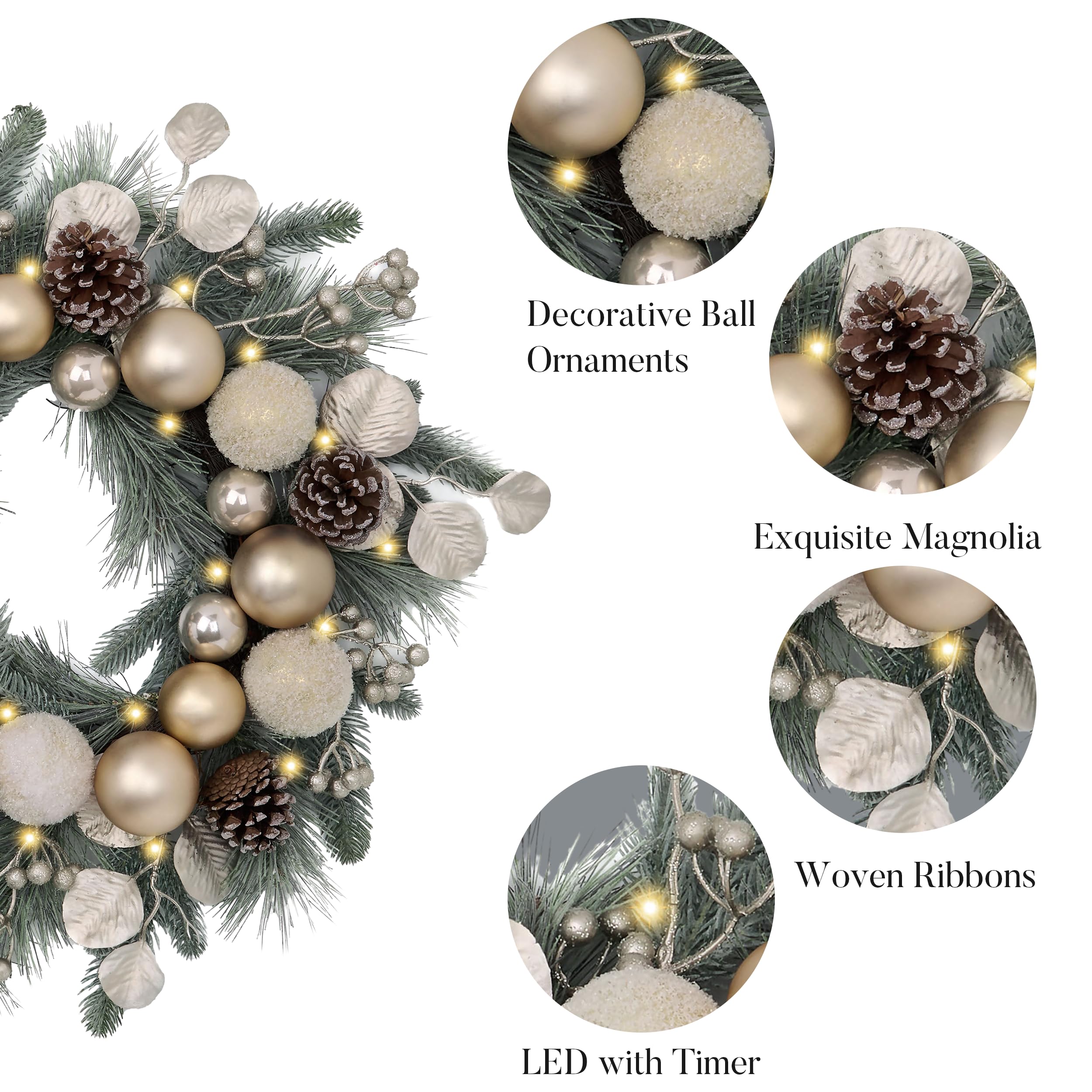 Valery Madelyn Couronne de Noël pré-éclairée de 50,8 cm pour Porte d'entrée avec lumières, Grande Couronne de Noël éclairée avec Boules de Noël dorées Champagne pour cheminée, fenêtre, Table