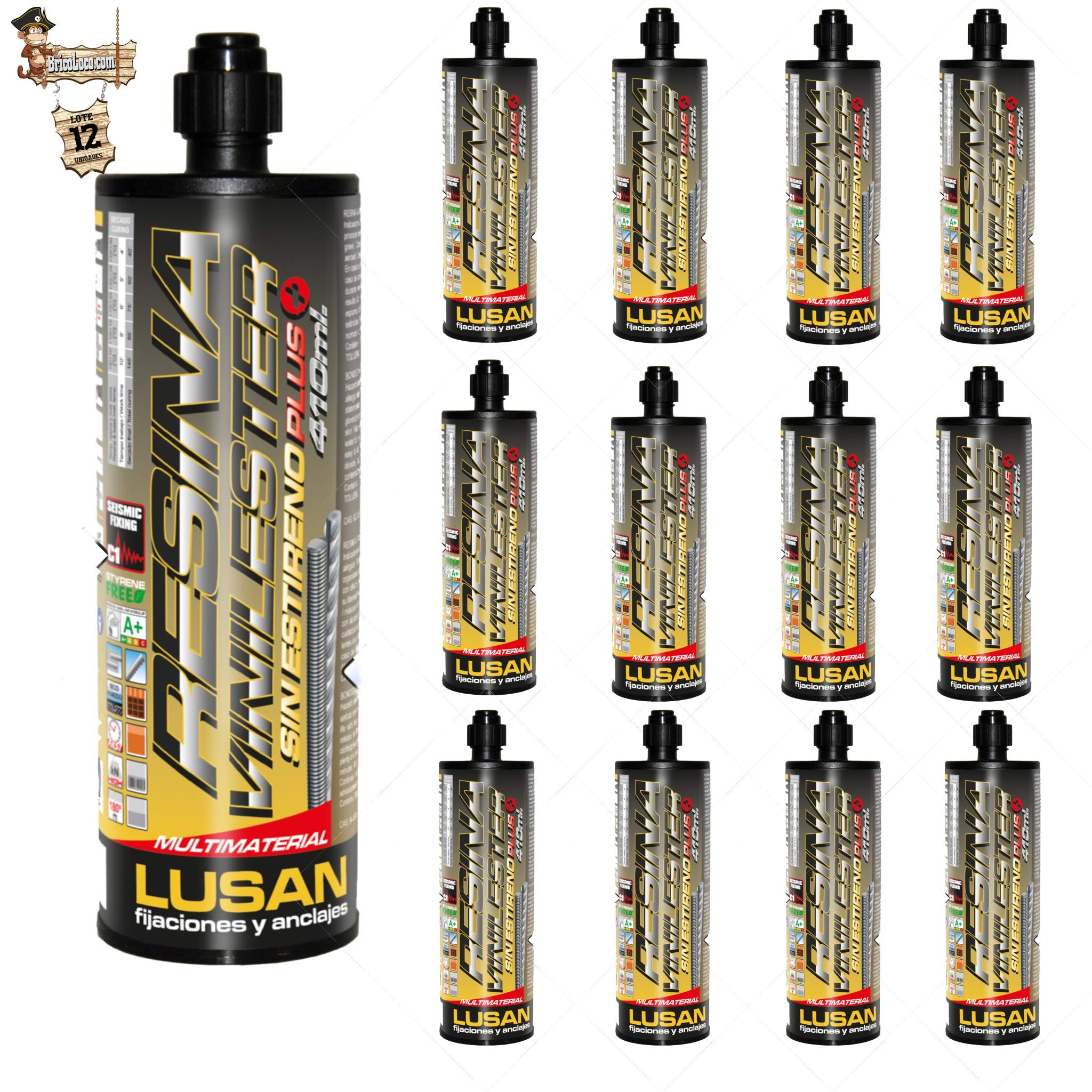Bricoloco Caja 12 uds. Anclaje Resina Máxima Calidad Vinilester Plus Altas Prestaciones |Taco Químico 410 ML. Sin Estireno |Normativa CE 1020 OP-1 movimientos sísmicos y Resistencia al Fuego (F120)