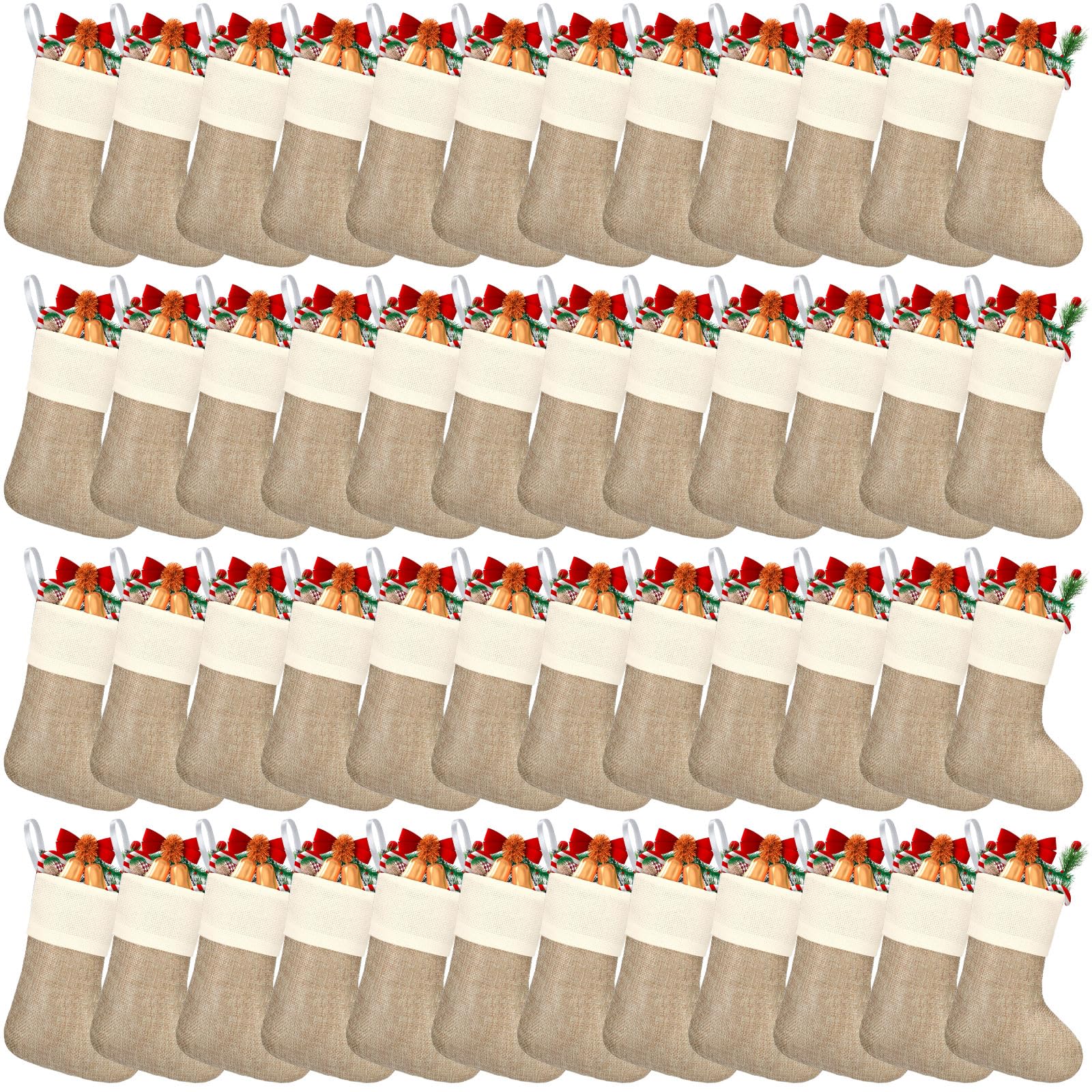 Lot de 48 chaussettes de Noël en toile de jute naturelle pour cheminée, cadeaux à suspendre, décoration de Noël, décoration de cheminée, arbre de Noël, décoration artisanale, 10,2 x 17,9 cm