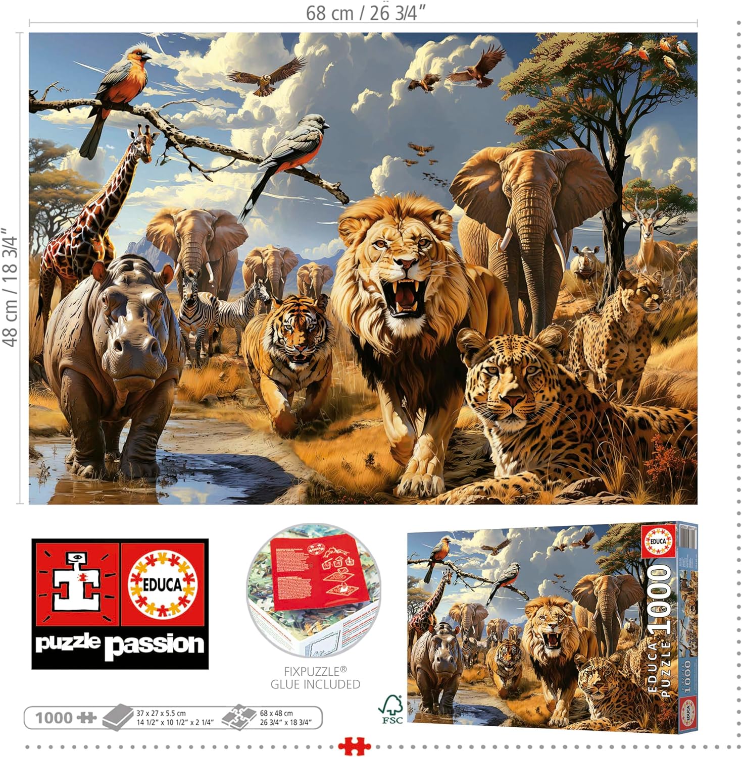 Educa - Wild Animals | 1000 Piece Puzzle for Adults. Measurements: 26,77" x 18,89". 14 Years Old (19920)