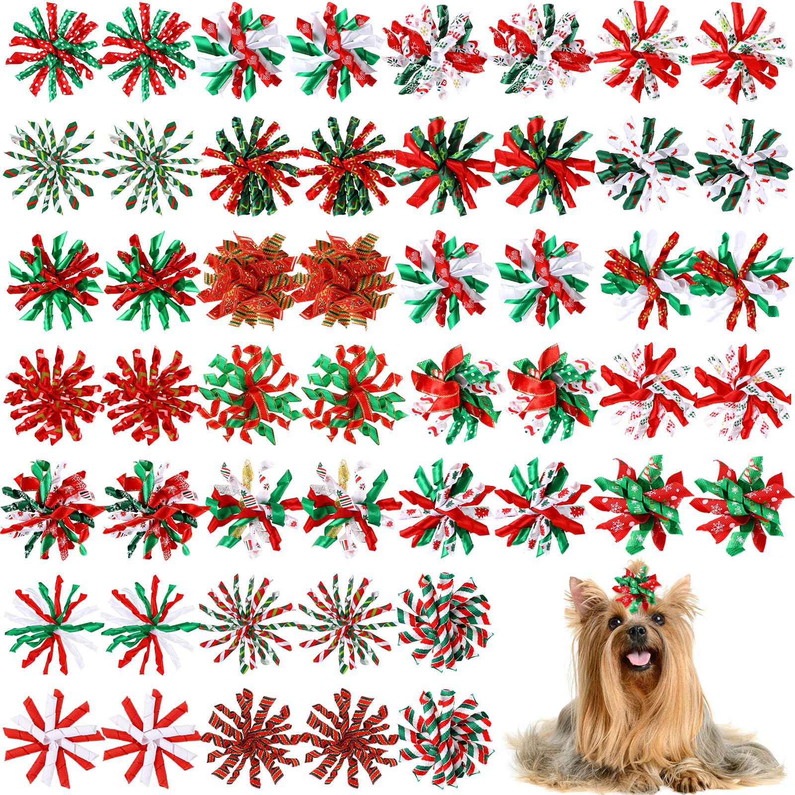 50 fiocchi natalizi ricci per capelli di cane con elastici in gomma, accessori natalizi per cuccioli di piccola taglia e gatti (stile misto)