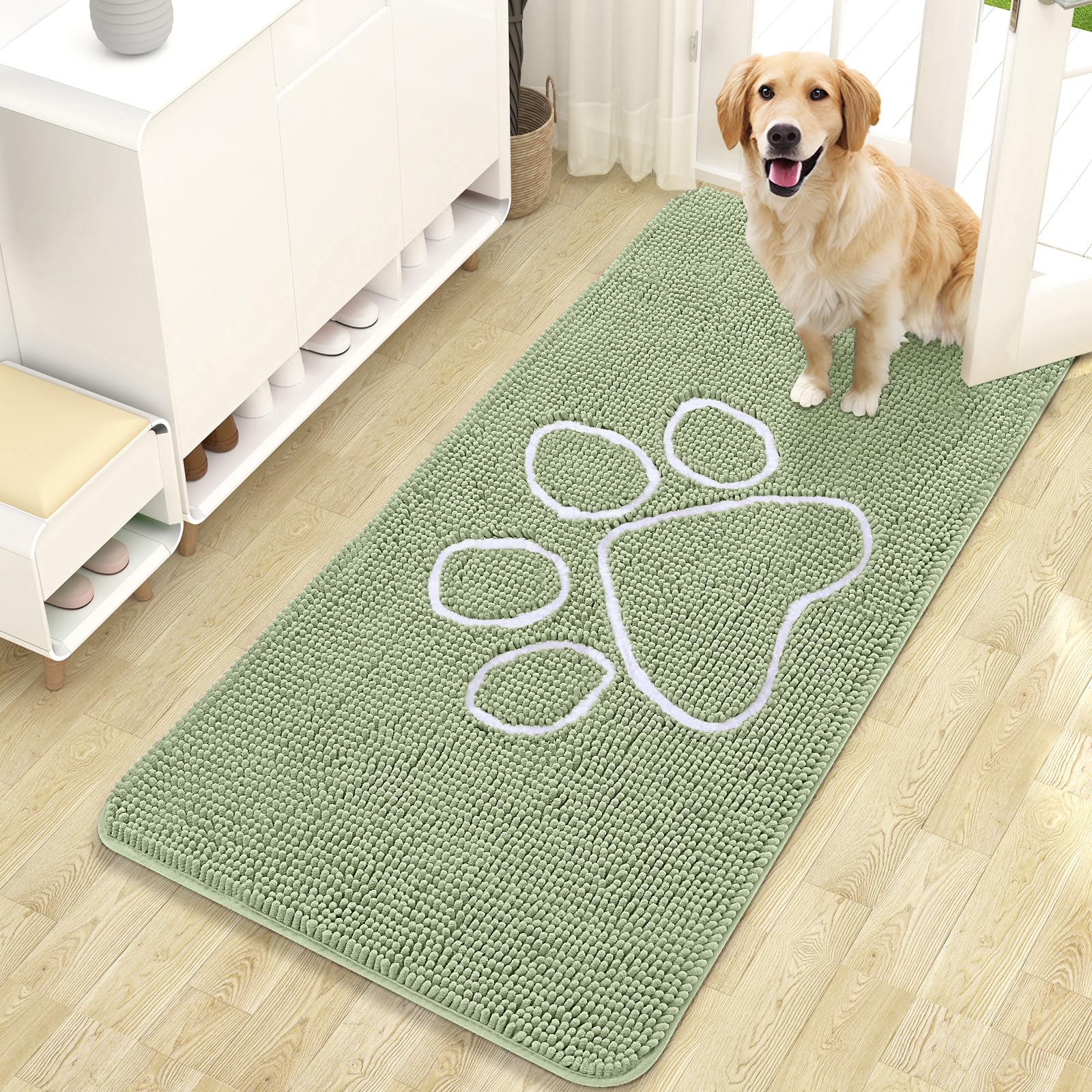 OLANLY Dog Door Mat for Muddy Paws 47x24, Paw Print Design Chenille Mud Mat