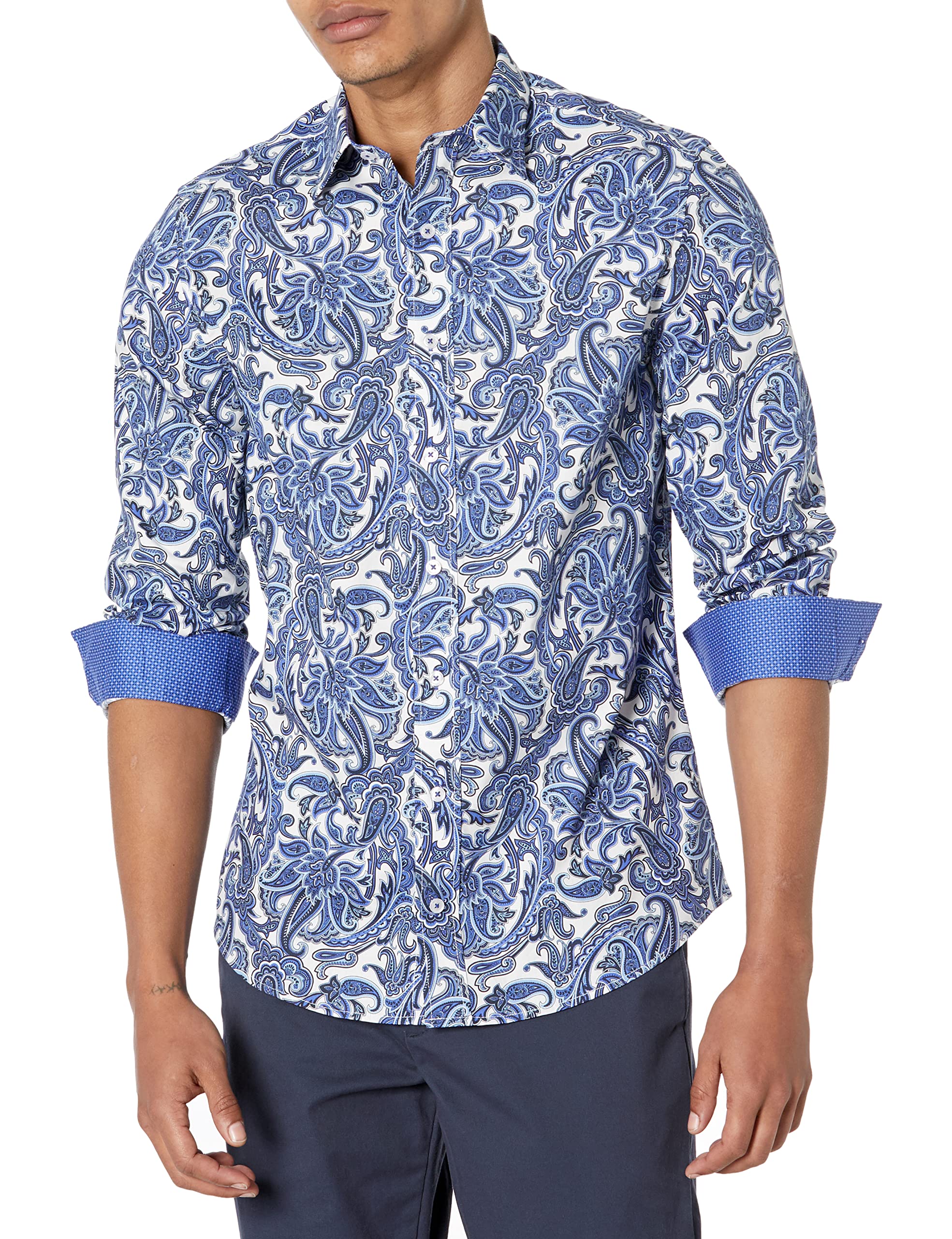 Nick Graham Long Sleeve Paisley Dress Shirt for Men, Wrinkle Free Men’s Dress Shirt with Performance Fabric