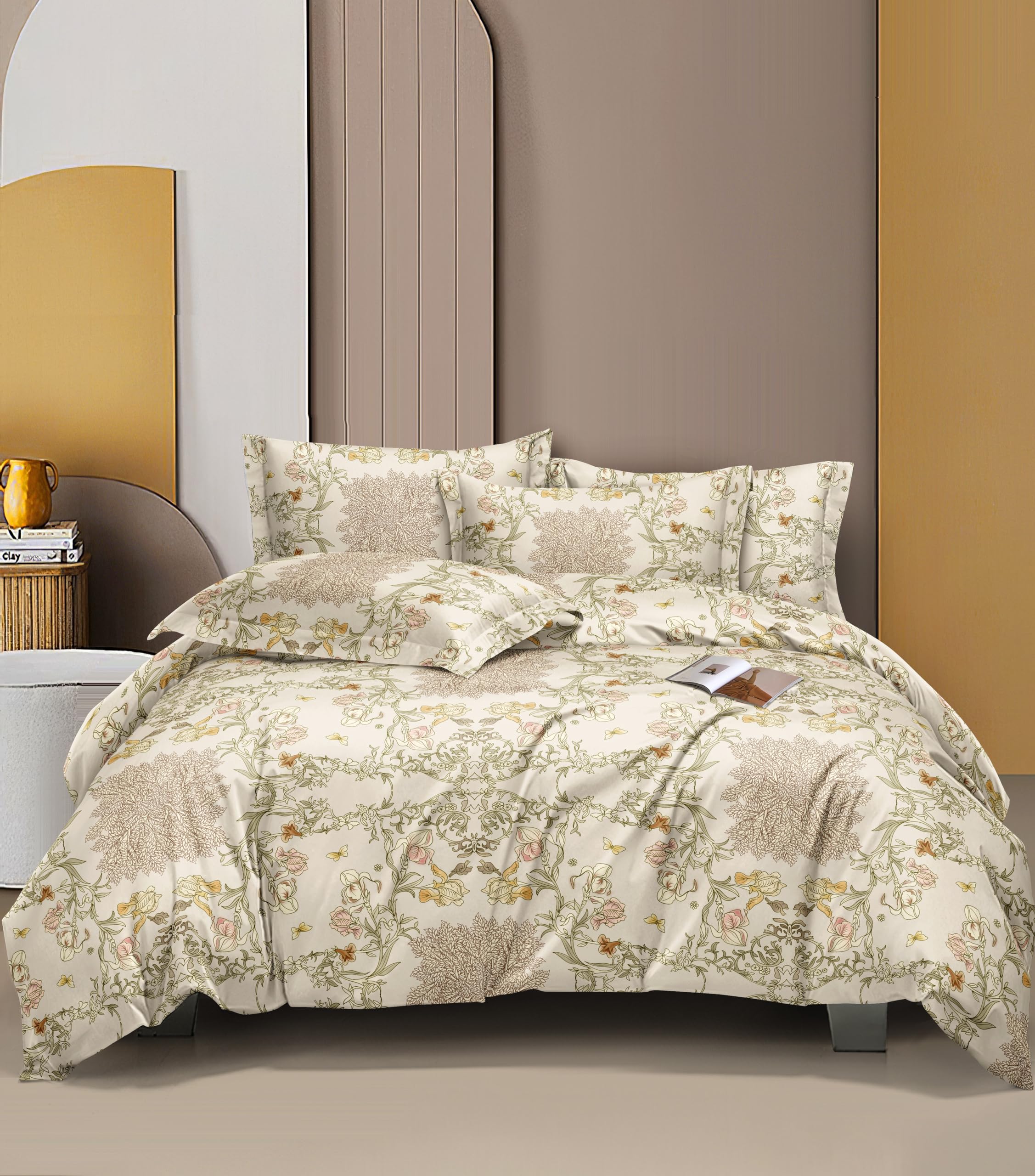 THE HOME STYLE Cotton Feel Glace Cotton Elastic Fitted Printed Queen Size Double Bed Bedsheet With 2 Pillow Cover (60"X78", Desert Ivory), 300 tc