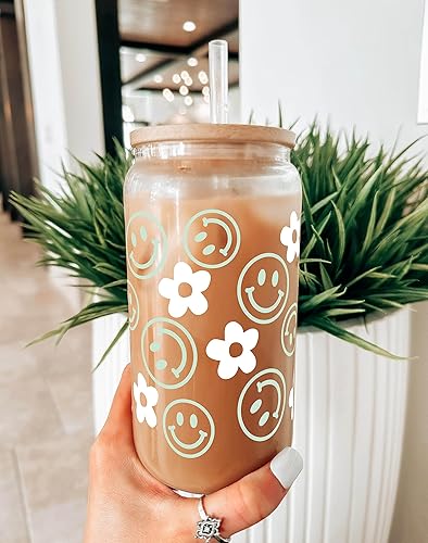 Miniatura 9 de Sip Sip Hooray Daisy & Smiley Face Tumbler Glass Cup with Lid Personalized Gifts for Women, Teachers, Bridesmaids, Birthdays, Mom, Valentines