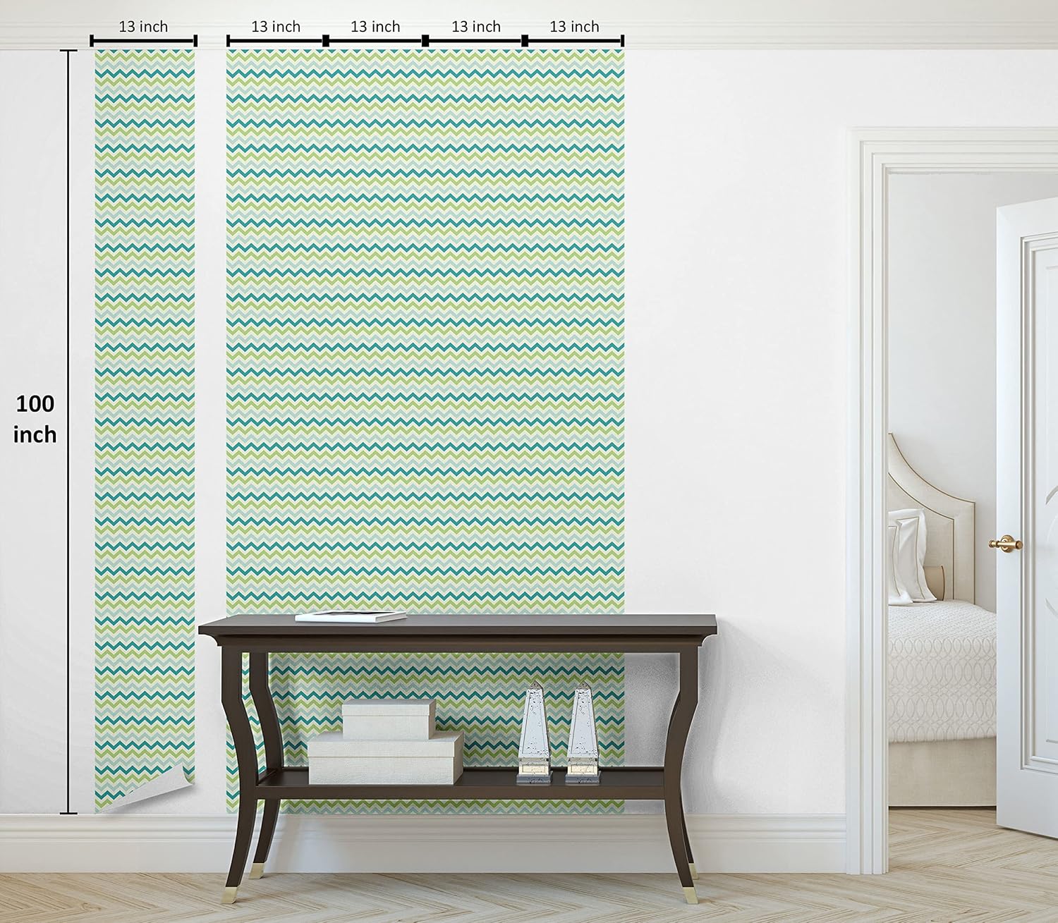 Lunarable Chevron Peel & Stick Wallpaper for Home, Chevron Pattern in Cool Pastel Color Palette Creativity Springtime, Self-Adhesive Living Room Kitchen Accent, 13" x 100", Lime Green Pale Blue