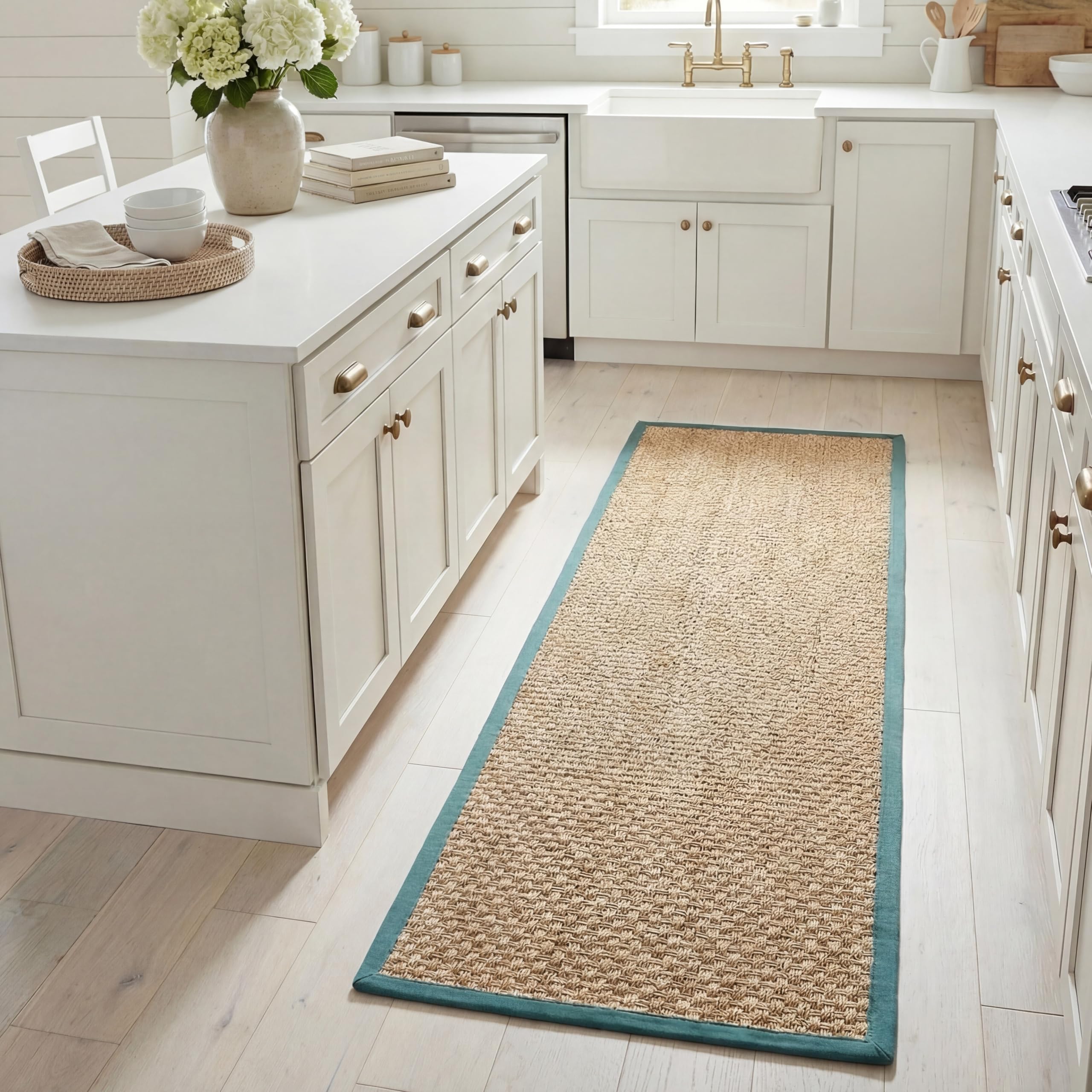 SAFAVIEH Natural Fiber Runner Rug 2'6"x14', Textured Natural & Teal NF114R