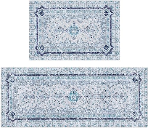 Miniatura 8 de FRAMICS Juego de 2 alfombras de cocina estilo bohemio, antideslizantes, lavables, antifatiga, cómodas, para el suelo, alfombrillas acolchadas para